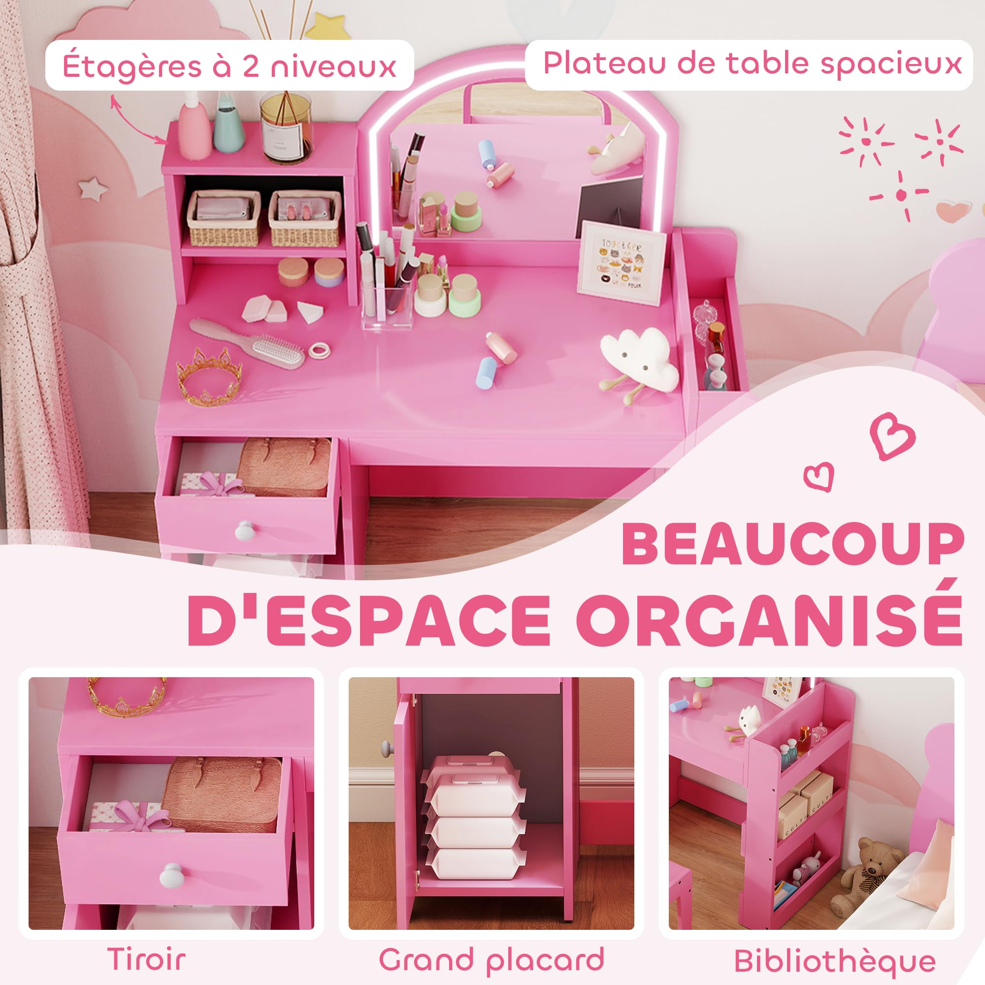 AIYAPLAY Coiffeuse pour Enfants avec Tabouret et Miroir LED, Coiffeuse Fille en Bois avec tiroir, Placard, 2 Compartiments Ouverts et 3 étagères, Table de Maquillage pour 3 à 8 Ans, Rose