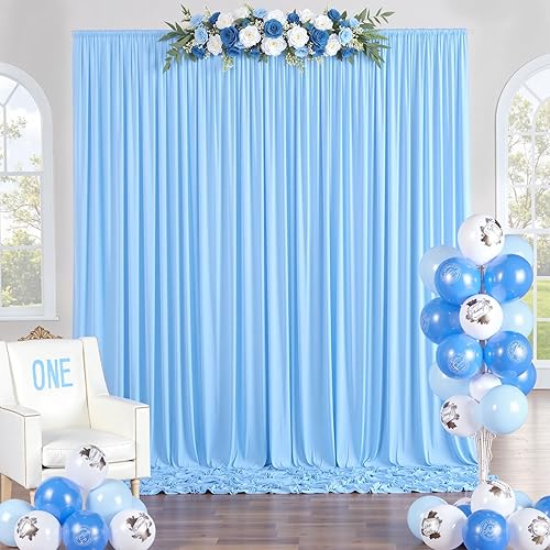 Miniatura 8 de Cortina de telón de fondo azul bebé de 10 x 8 pies sin arrugas para fiestas, cortinas de fondo de fotos de poliéster azul claro para cumpleaños,