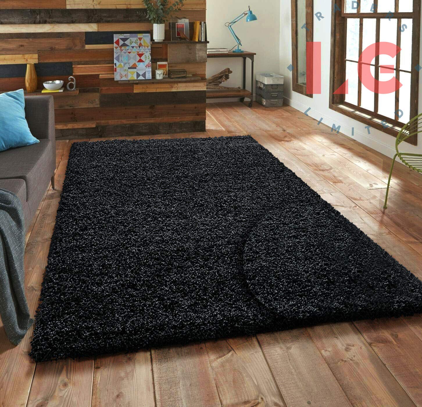 LG TRADERS LIMITED Small X Large Non Slip Shaggy Rug Carpet Soft Thick Lounge Bed Room Hallway Mess Area Rugs Black, 120 x 170 cm (4 ft x 5 ft 6 in)
