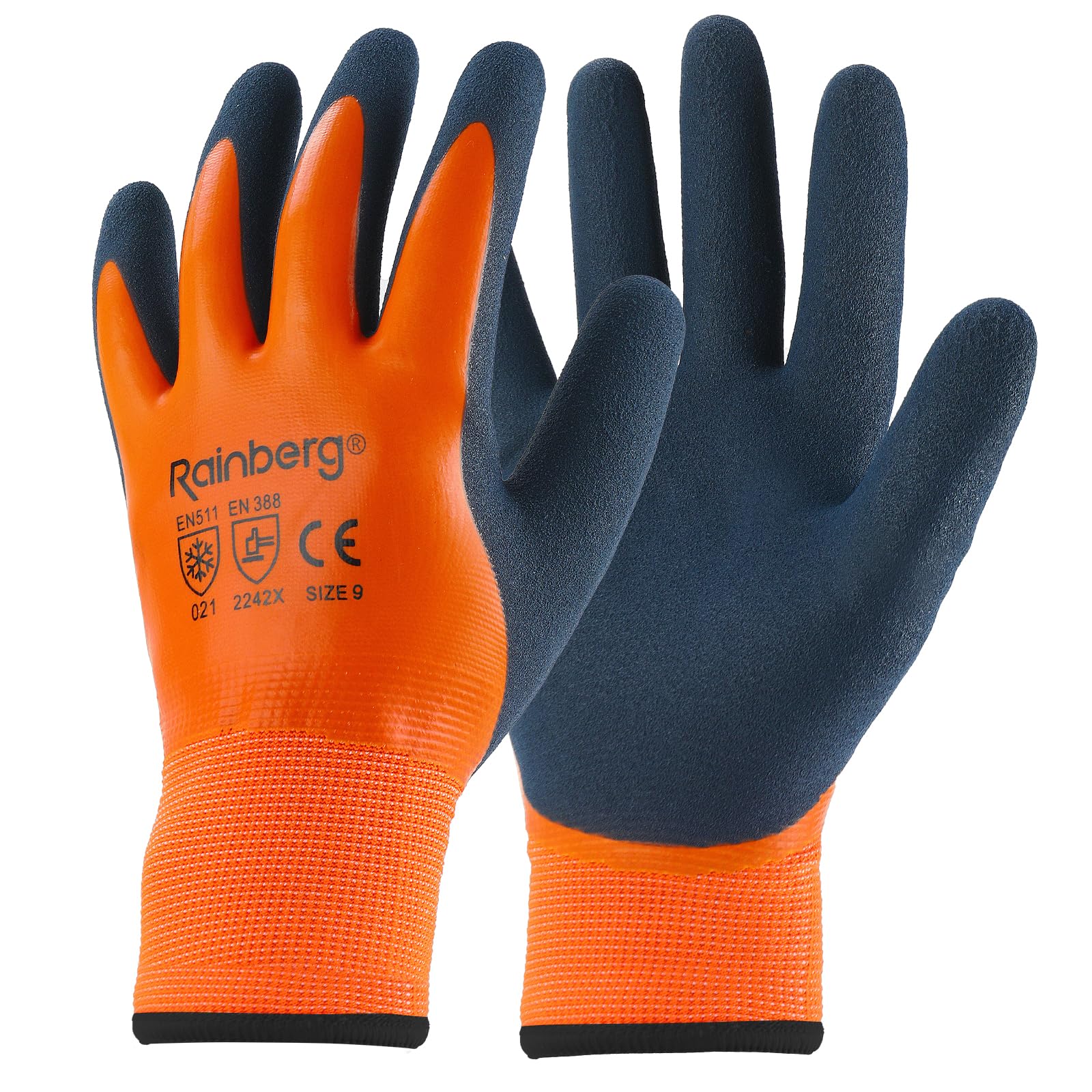 Rainberg 1 Pair Waterproof Thermal Winter Work Gloves, Fleece Liner Insulated Warm for Cold Weather, Safety Gloves with Superior Grip, Outdoor Gardening, Car Washing, Fishing, Multipurpose (Orange, L)