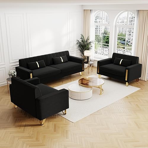Miniatura 15 de Sofá cama modular de tela de terciopelo de 85.62 pulgadas, 3 asientos, fácil de montar con 2 almohadas de sofá, patas de metal dorado para sala de