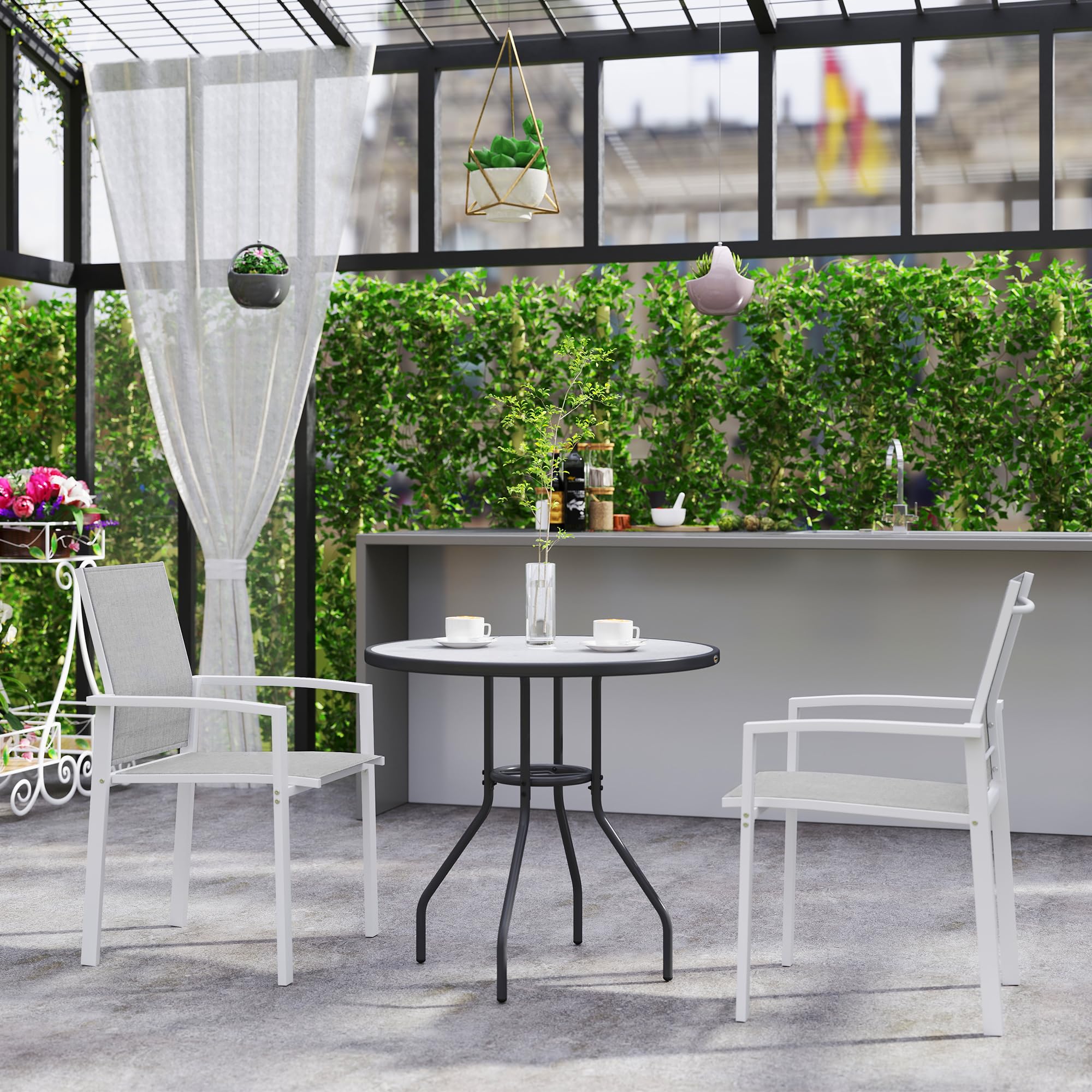 Outsunny Juego de 2 Sillas de Jardín Exterior Sillas Terraza Exterior Apilables Sillones de Comedor con Tela Transpirable Marco de Acero Reposabrazos y Respaldo 56x58x89 cm Gris Claro