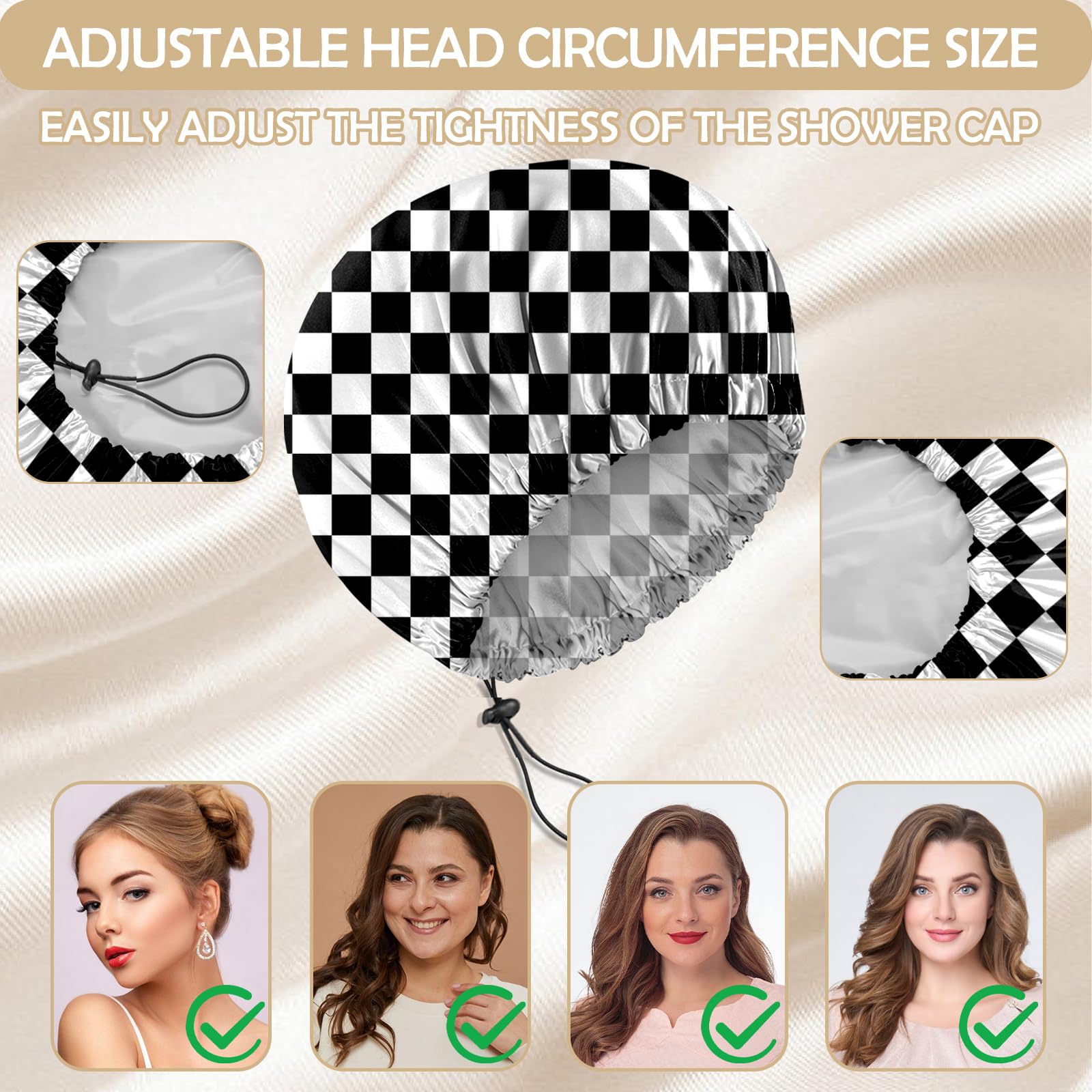 BHAHB 2 PCS Shower Cap Reusable Waterproof Double Layer Elastic Adjustable Hair Bath Caps Cute Aesthetic for Women Girls (V17-Brown Black) - Image 4