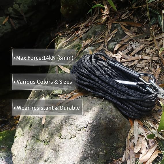 NewDoar 14KN Static Climbing Rope 8mm Accessory Cord Equipment 33FT(10M) 66FT(20M) 98FT(30M) 165FT(50M) Escape Rope with 2 Carabiners for Ice Climbing Fire Rescue Rope Safety Rope