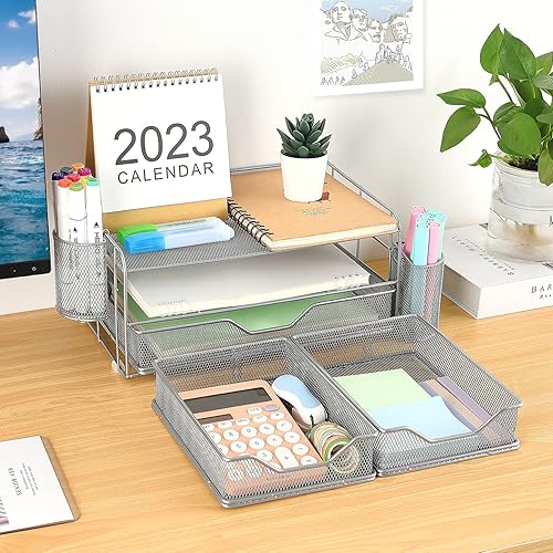 Miniatura 4 de Gianotter Organizador de cajones de escritorio de 3 niveles con 2 soportes para bolígrafos, accesorios de escritorio y organizadores de espacio de