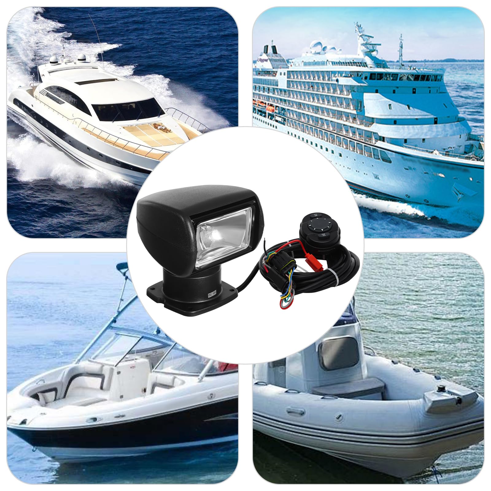 FIPINIXK Marine Boat Search Light 100W Boat Searchlight with Remote Control Boat Spotlight Halogen Searchlight Spotlight for Yachts Fishing Boats Fisheries Home Lighting, Black