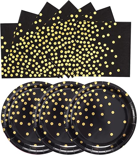 Disposable Paper Plates 100 Pack- Black and Gold Paper Plates 50 x 9 & 50 x 6.5 Napkins, Black Plate and Napkins Party Supplies for Graduation