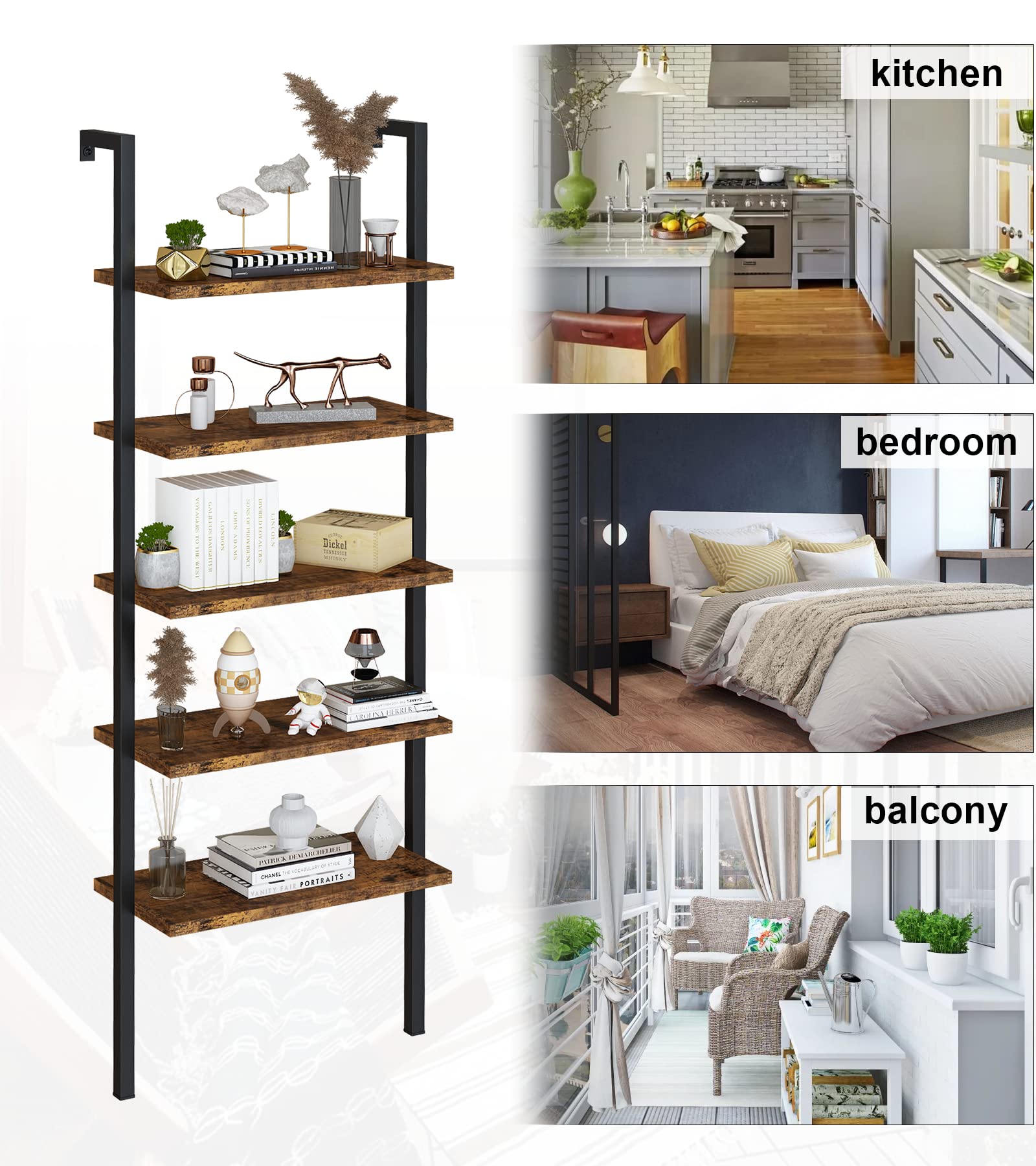 Recaceik 5 Tier Ladder Bookshelf with Storage, Open Wall Mount Bookcase Wooden Ladder Shelf Organizer with Metal Frame, Display Storage Rack Shelves Plant Flower for Living Room, Bedroom Brown/Black