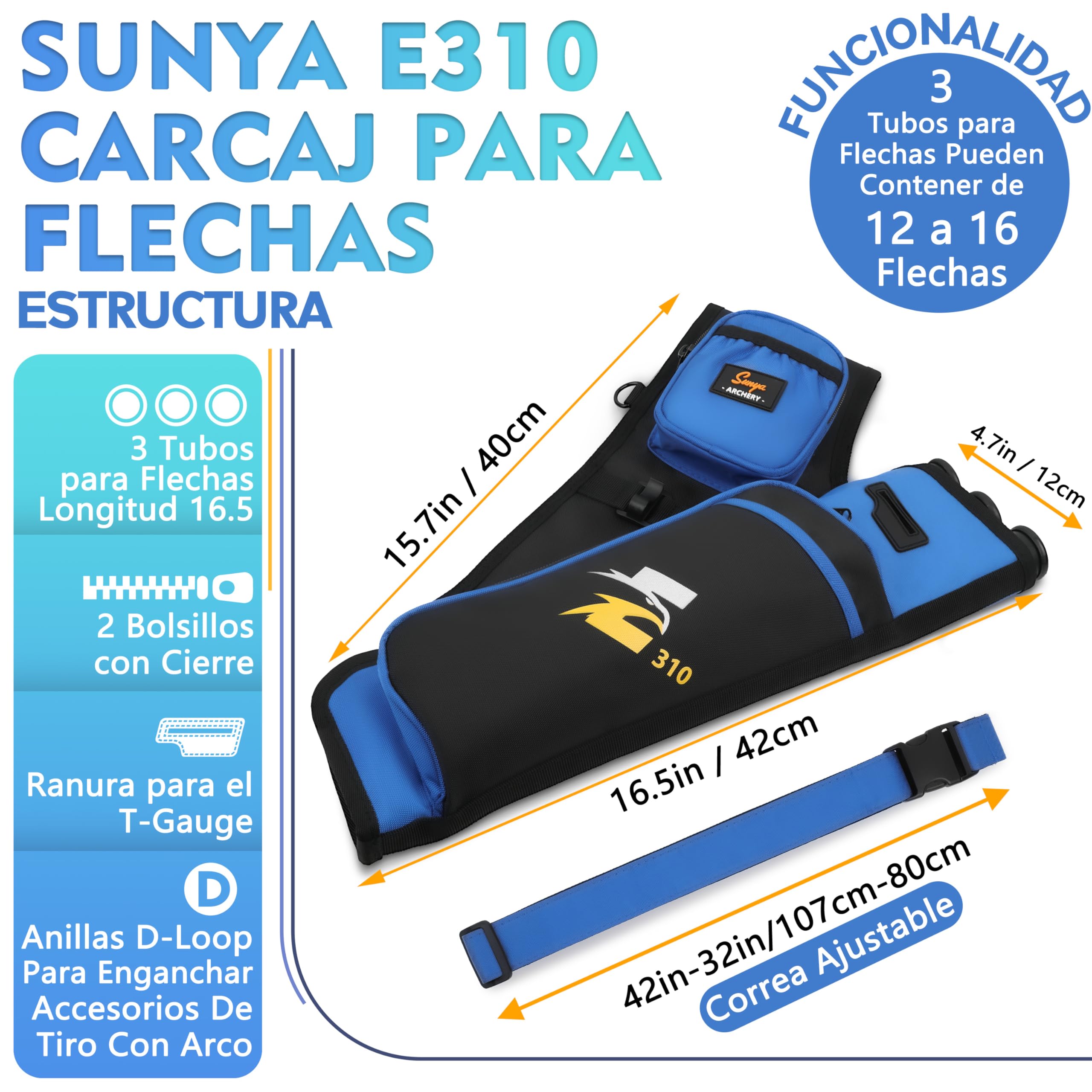 Sunya - Carcaj de Tiro con Arco para Flechas. Portátil,Incluye pestaña y Bolsillos de liberación y cinturón de Nailon. Apto para Arco Compuesto y Arco recurvo Blanco o Campo