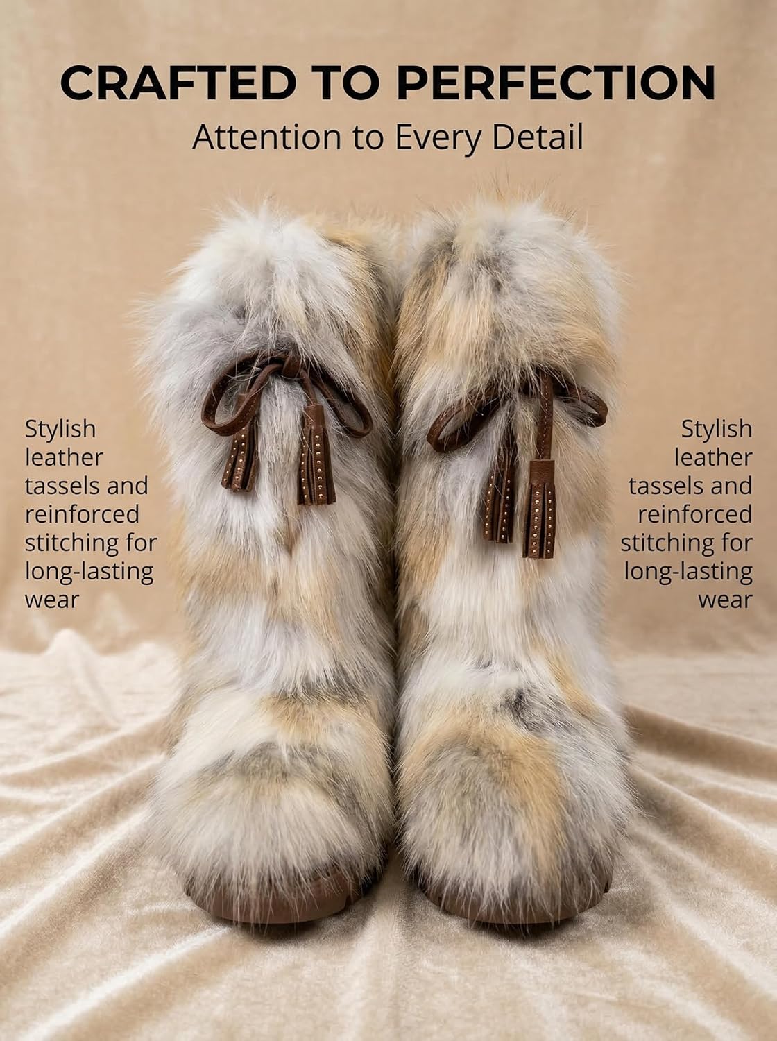 Women's Genuine Fox Fur Snow Boots, Fluffy Fuzzy Winter Boots, Non-Slip Chunky Rubber Sole, Soft Wool Lining, Trendy Chic Style