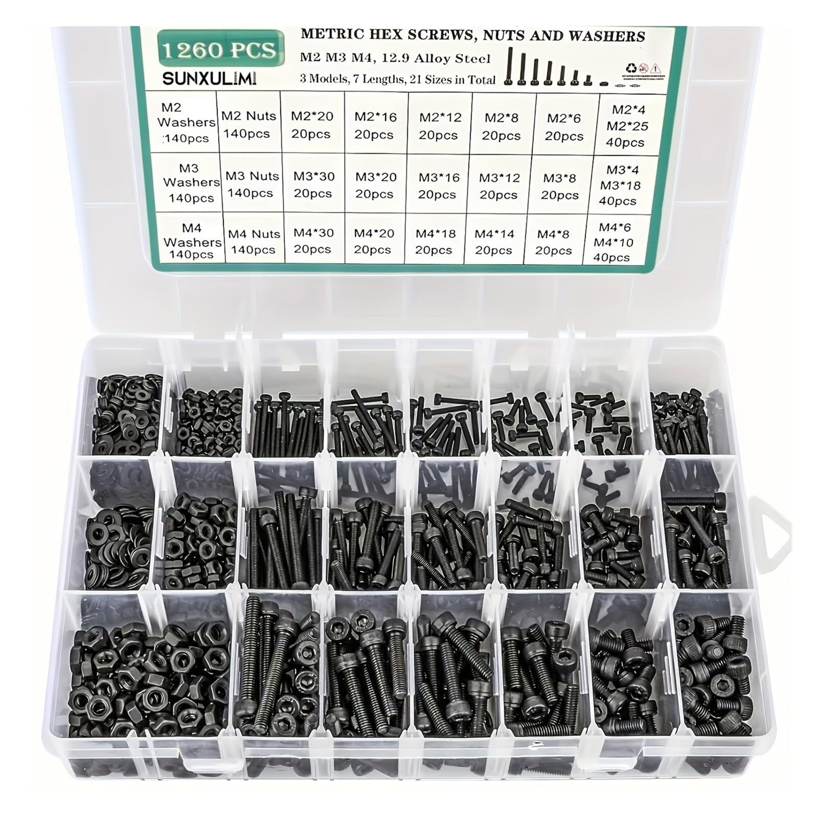 Juego De Tornillos Y Tuercas Surtido de pernos métricos de 1260 piezas M2 M3 M4, tornillos de máquina con cabeza hueca hexagonal chapados en zinc