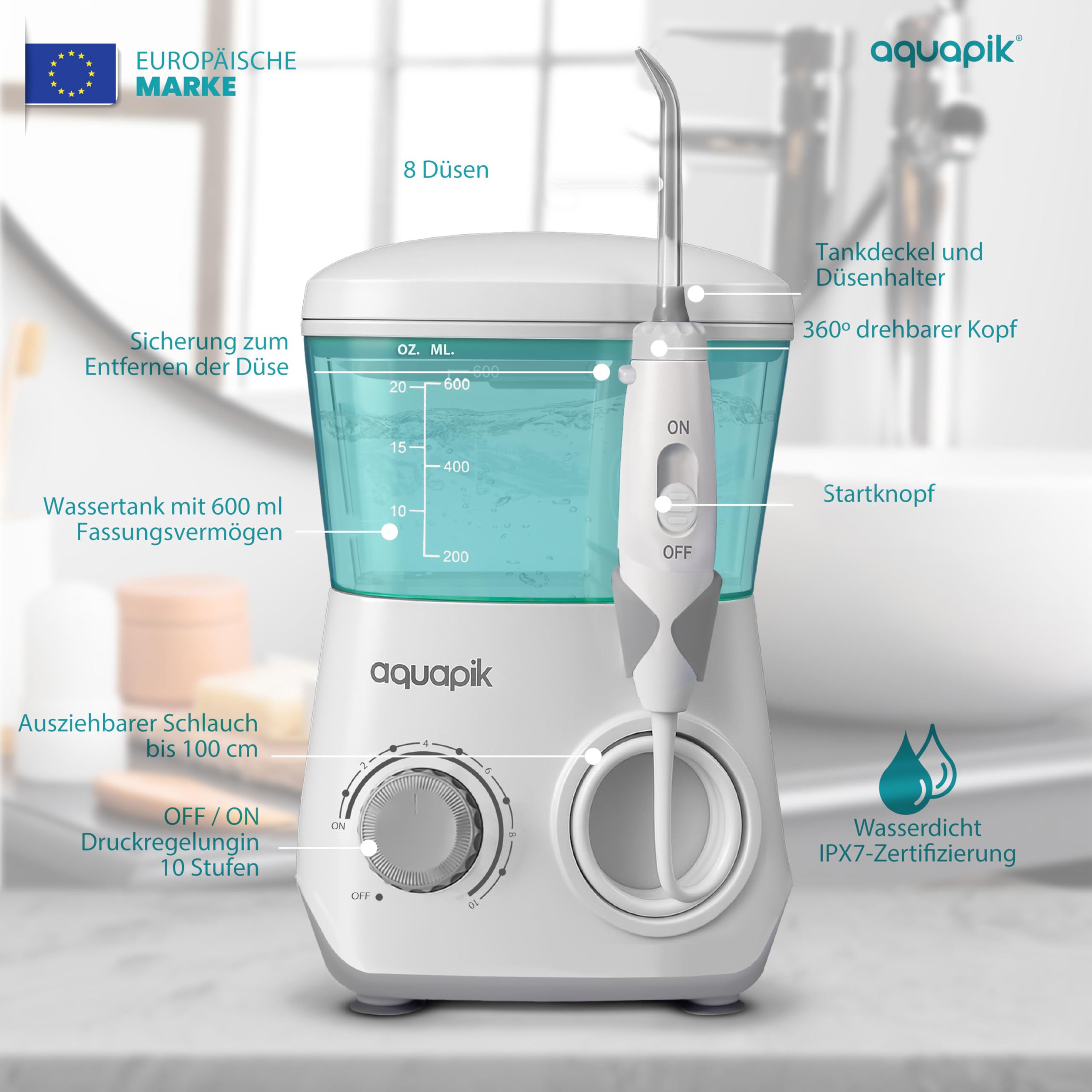 Aquapik® ADVANCED Munddusche | Ideal für Zahnspangen, Implantate und empfindliches Zahnfleisch | Aufhellungs-Kit entfernt Flecken | 10 Druckstufen | 10 Düsen | Von Zahnärzten empfohlen.