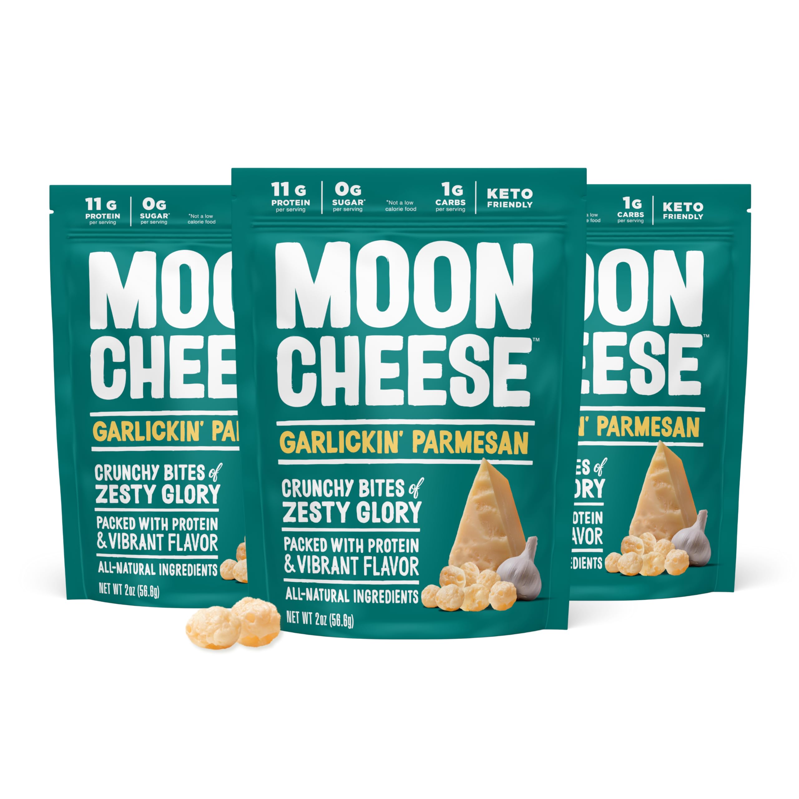 Moon Cheese Garlickin' Parmesan Cheese Bites, 2 Ounce, 3-Pack, Crunchy, Protein Rich Cheese Snack, 100% Real Cheese