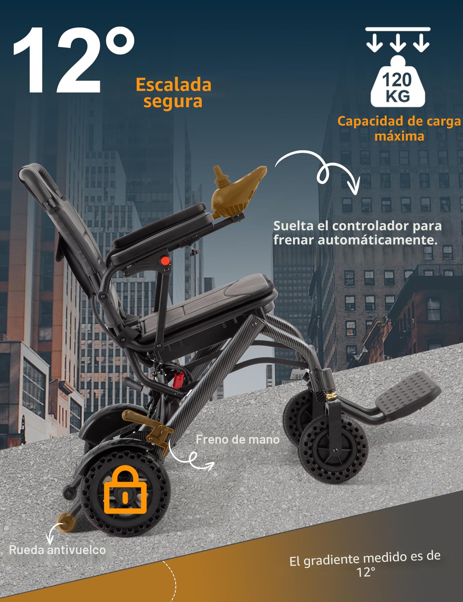 Silla de ruedas eléctrica plegable y ligera de fibra de carbono, pesa solo 17,5 kg, tamaño de viaje, aprobada por aerolíneas, sistema de frenado doble, sillas de ruedas motorizadas portátiles para