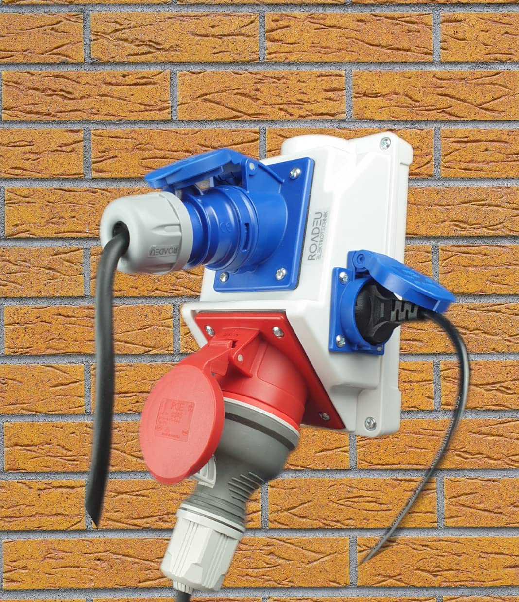 RoadEu - Presa di Corrente Industriale Combinata, Distributore da Parete CEE 5P Con Presa CEE 3P e Schuko 16A - Scatola di Distribuzione a Parete PCE