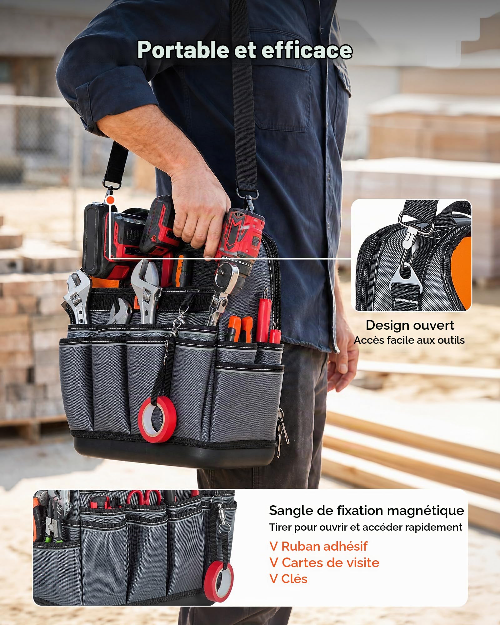 VEVOR Sac à Outils Ouvert 335 mm, Sac de Rangement d'Outils à 39 Poches, pour Électricien, Bricolage, Maintenance et Chantier, Organiseur Portable avec Base Rigide en Plastique, Bandoulière Réglable