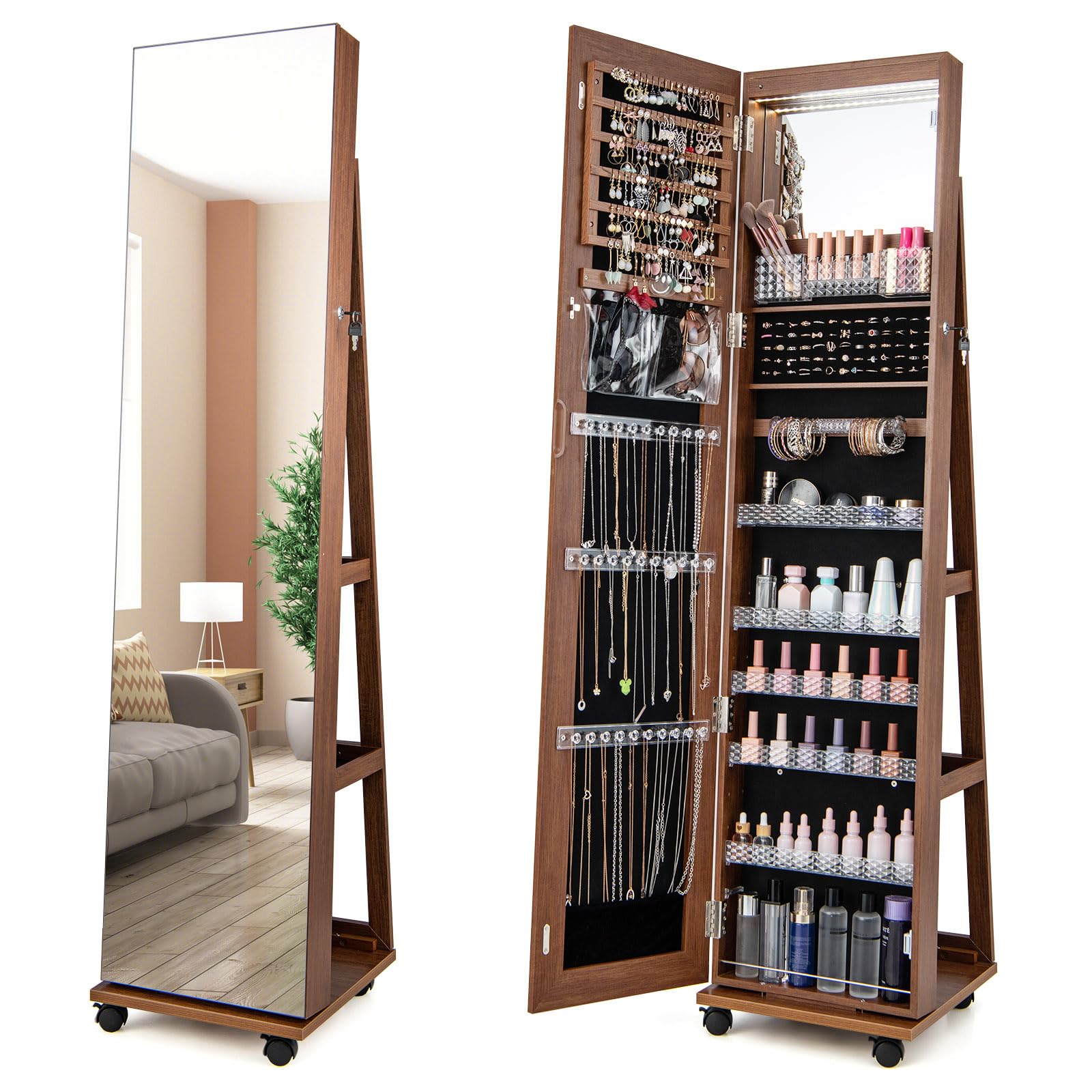 GOPLUS Armario para Joyas con Espejo de Cuerpo Entero, Espejo Joyero con Iluminación y Estante, Almacenamiento de Joyas con Ruedas, Organizador de Joyas con Cerradura para Dormitorio Vestidor