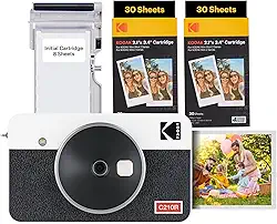 Kodak Mini Shot 2 Retro - Câmera Instantânea e Impressora Fotográfica 2 em 1 (60 folhas), foto 5,3 x 8,6cm, compatível iOS e Android, Bluetooth, 4PASS alta definição e acabamento laminado - Branca
