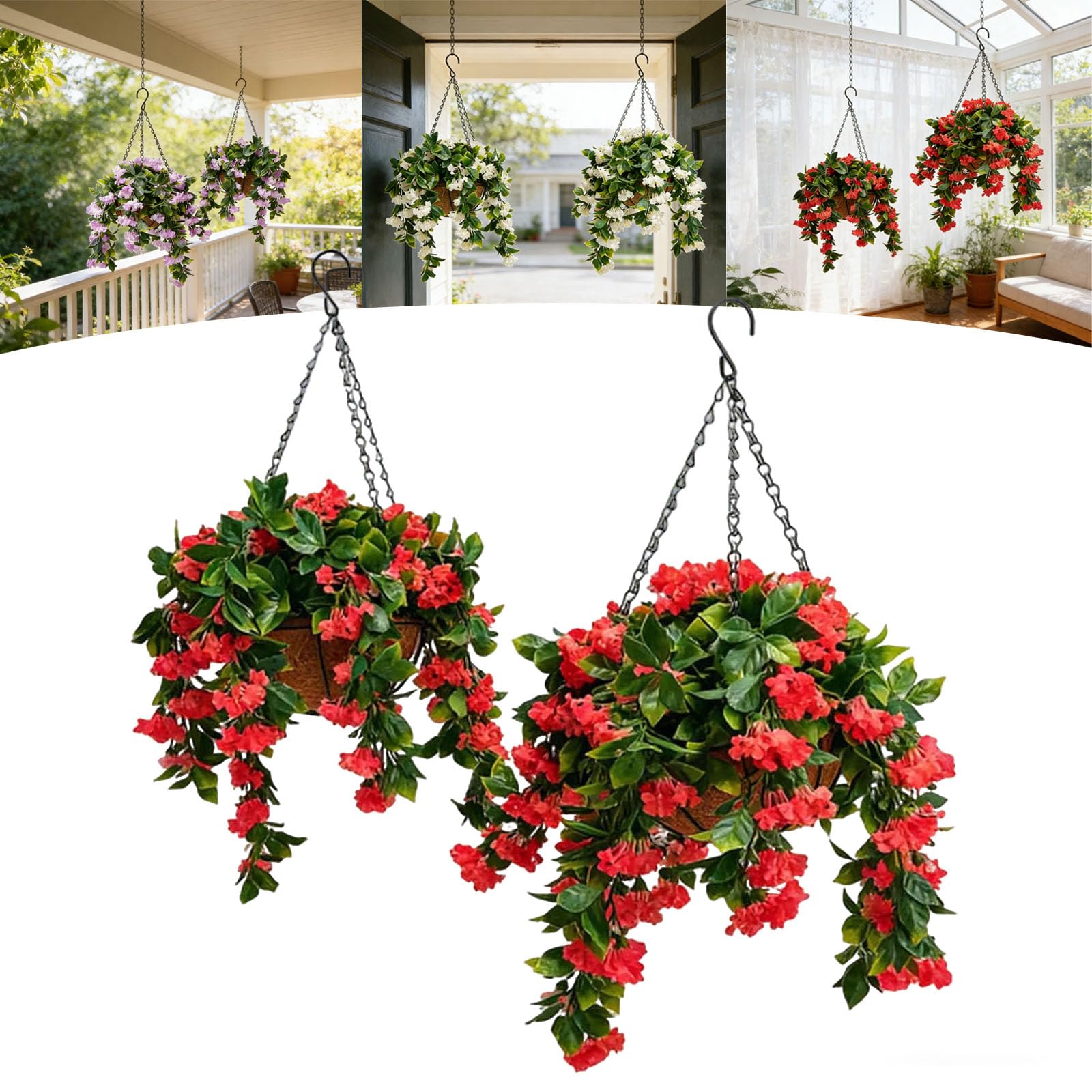 JORCEDI 15" Faux Crepe Myrtle Hanging Baskets, Artificial Hanging Baskets Outdoor, UV Resistant Realistic Artificial Hanging Plants for Patio,Porch & Home Decor (Red,2pcs)