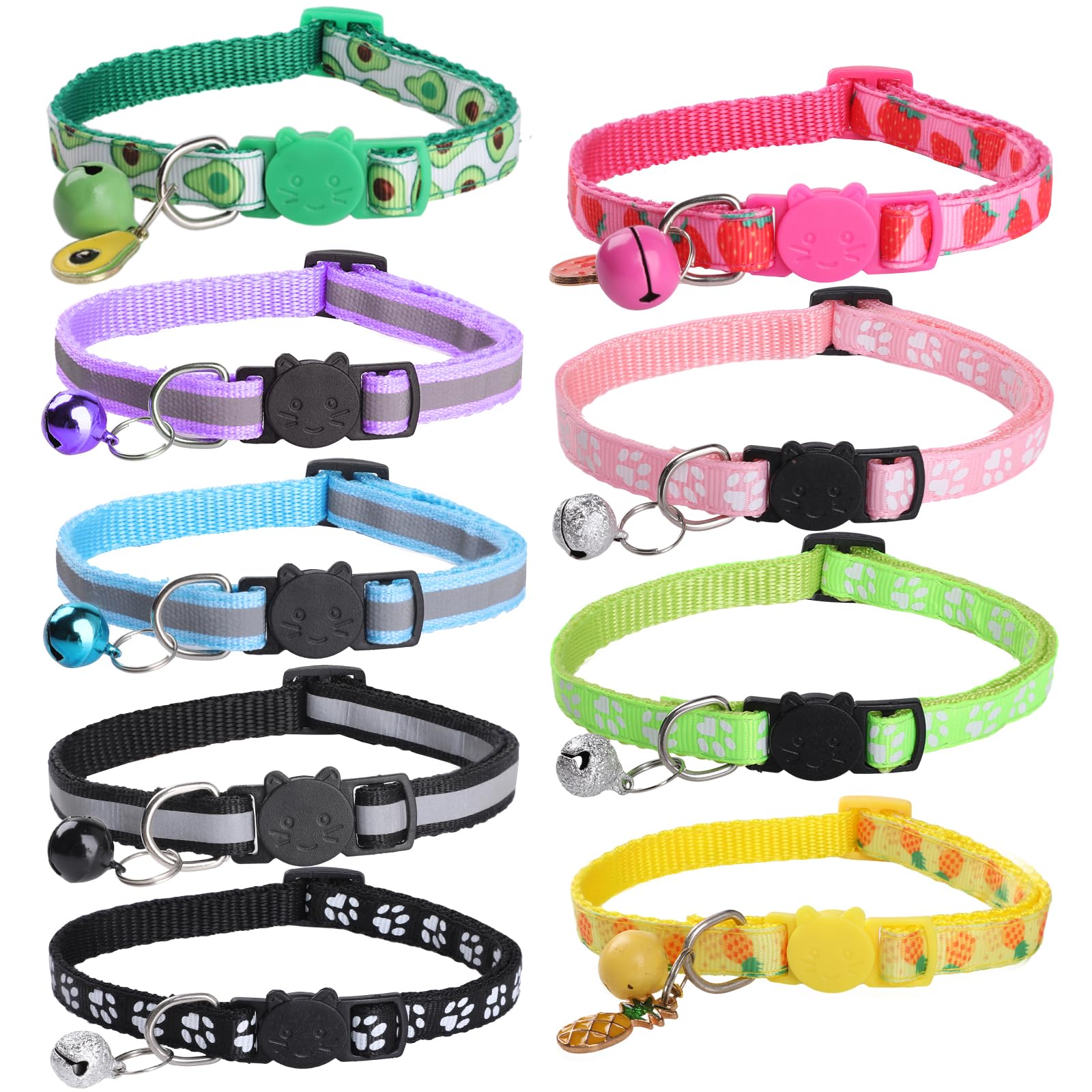 9 Piezas Collar Gato Antiahogo, Personalizado con Hebilla de liberación de Seguridad, Ajustables Collares para Gatos con Campana, Reflectantes Collar para Gato