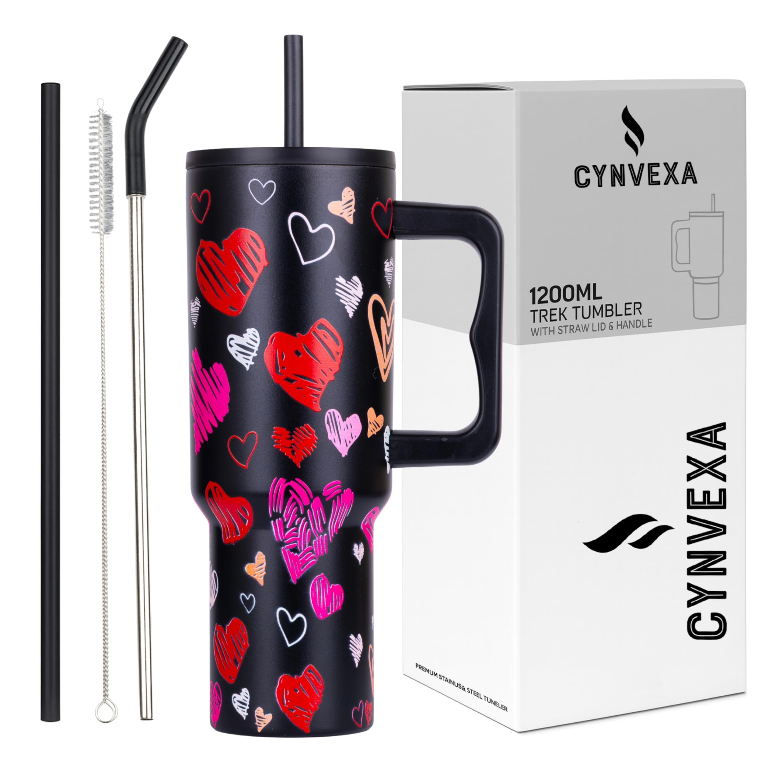 Tumbler with lid and Straw 1200ML Cup Stainless Steel Vacuum Insulated Tumbler for Water, Iced Tea or Coffee 1.2L Office Gym Travelling (Black Heart)