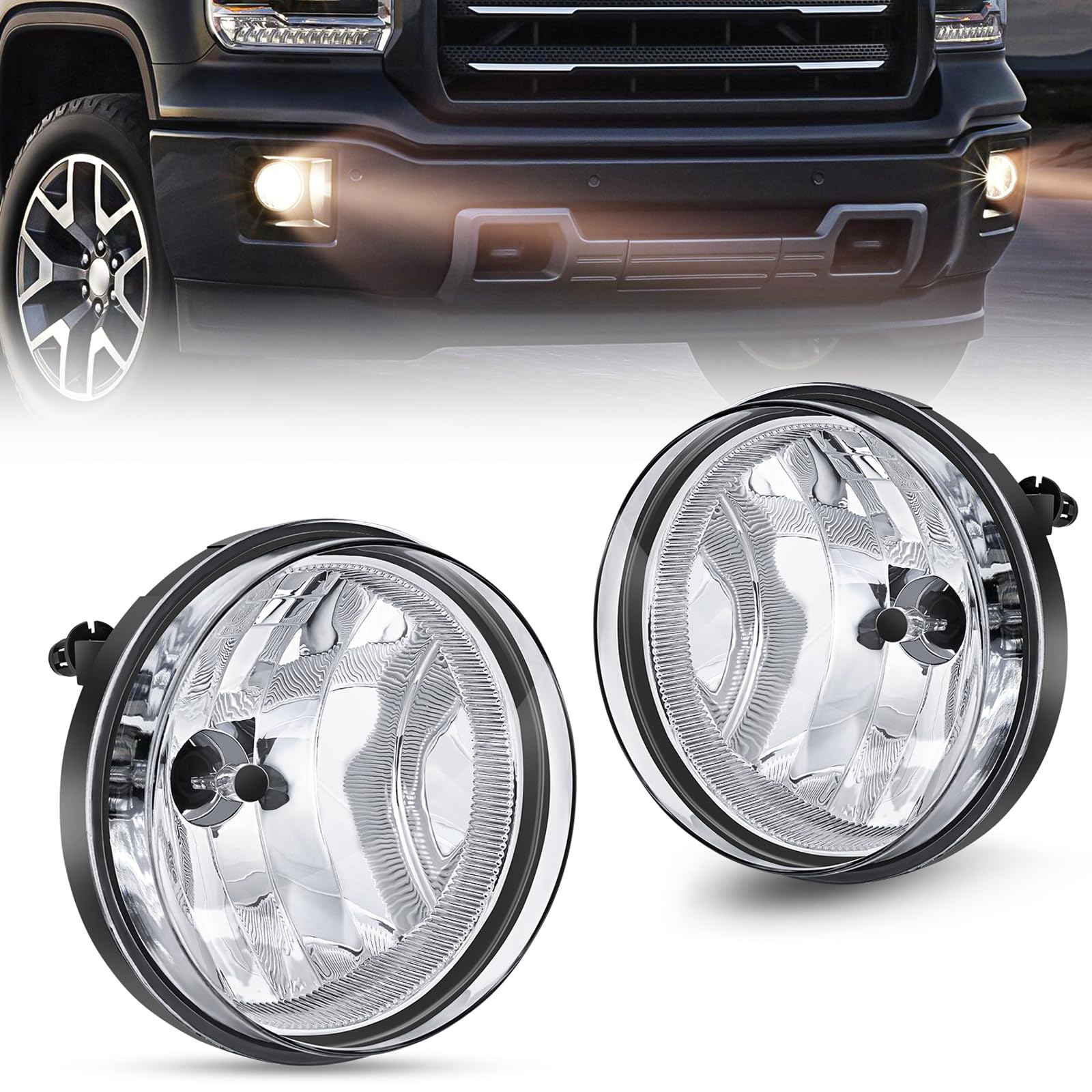 NilightFog Light Assembly Compatible with 2007 2008 2009 2010 2011 2012 2013 GMC Sierra 1500 07-14 Sierra 2500HD 3500HD Clear Lens Lamps Replacement 880 12V 27W Bulbs