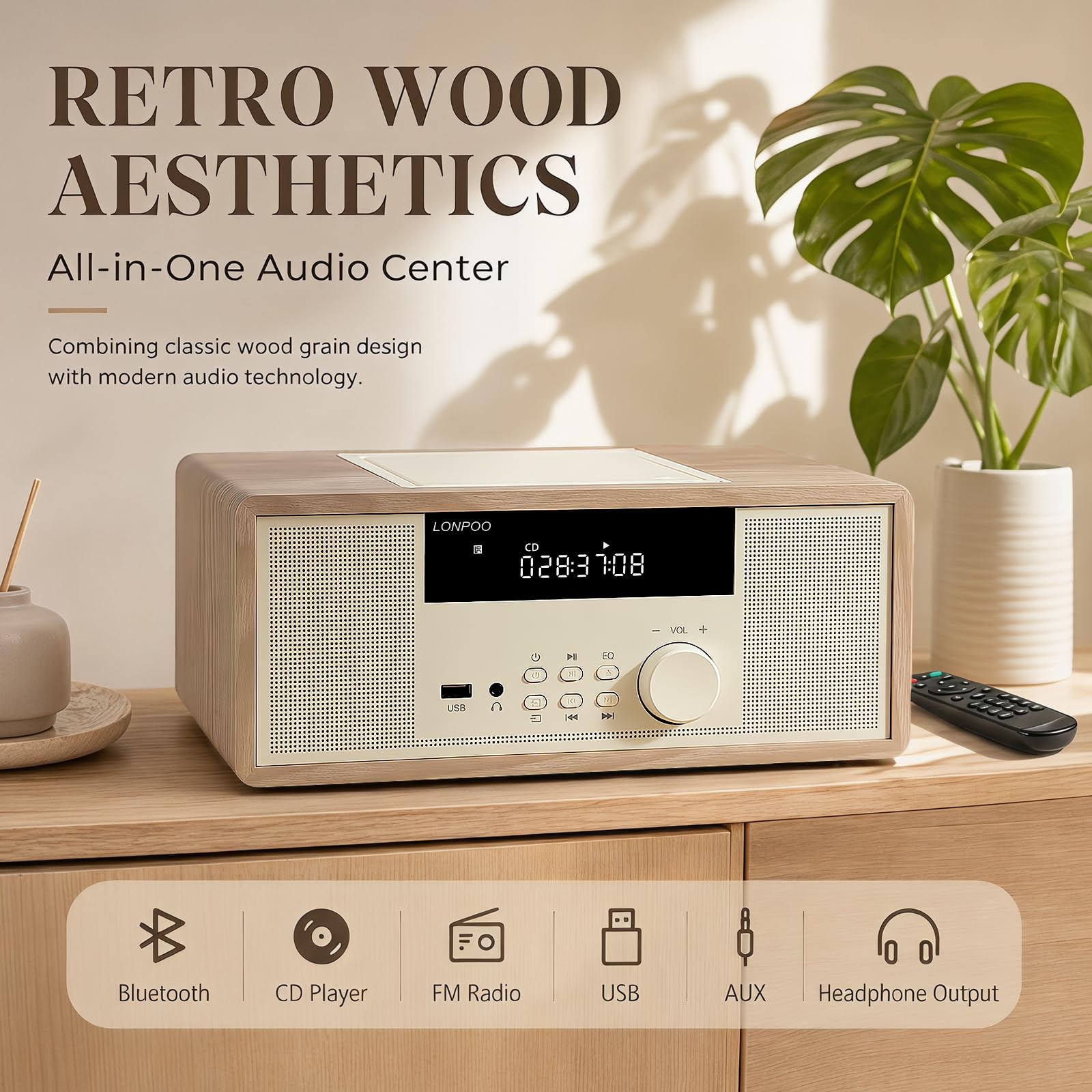 LONPOO Impianto Stereo Casa - 30W Micro HiFi Compatto con lettore CD, Bluetooth, radio FM, USB, AUX-in, display LED e pulsante grande, telecomando (LP-818Y)