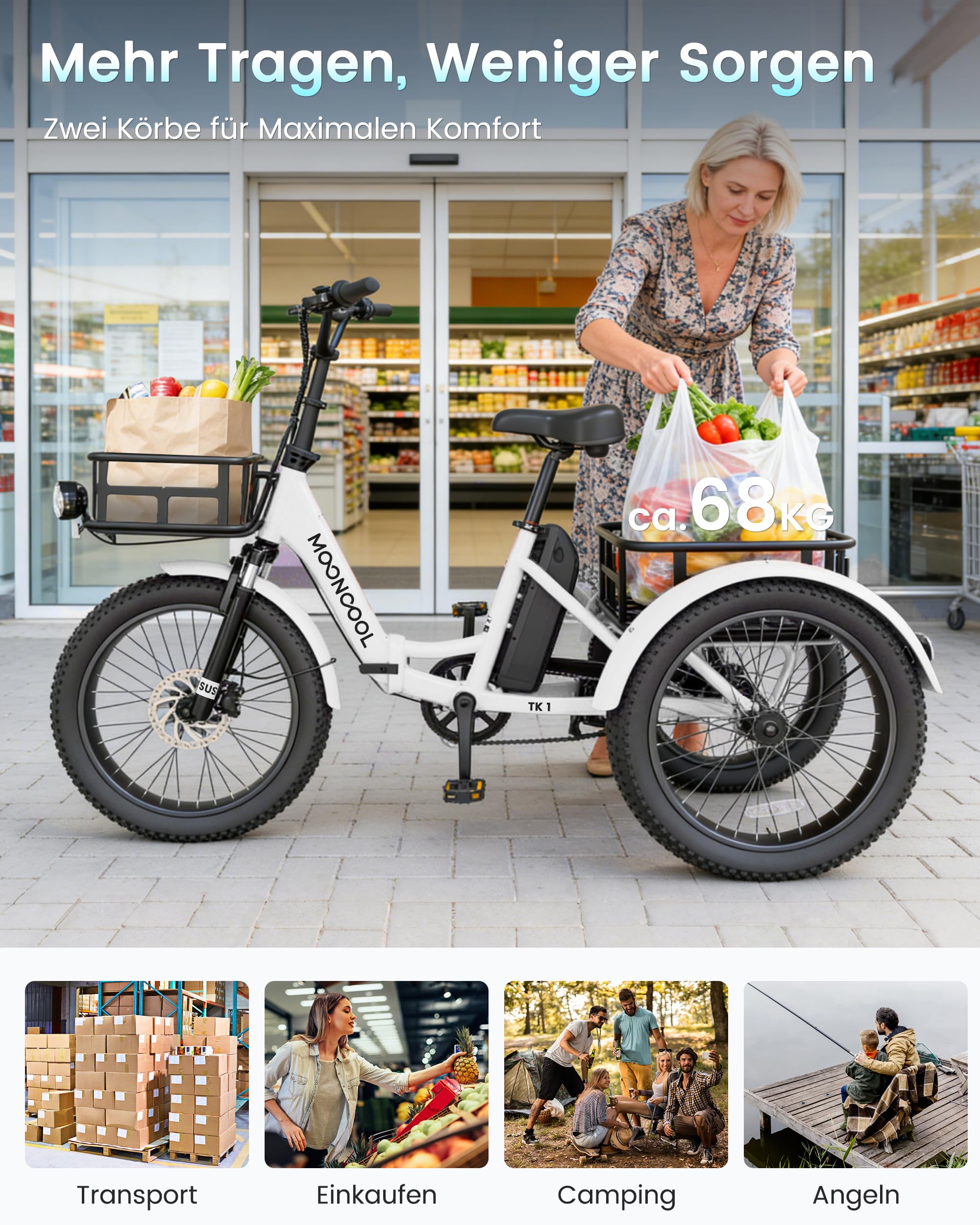 MOONCOOL E Bike Klapprad, 20" Elektrofahrräder für Herren Damen, 36V 20AH Akku, 250W Motor 45 Nm, LCD-Display, IP65 Wasserdicht, 3 Fahrmodi, mit Großen Körben & Fußstützen