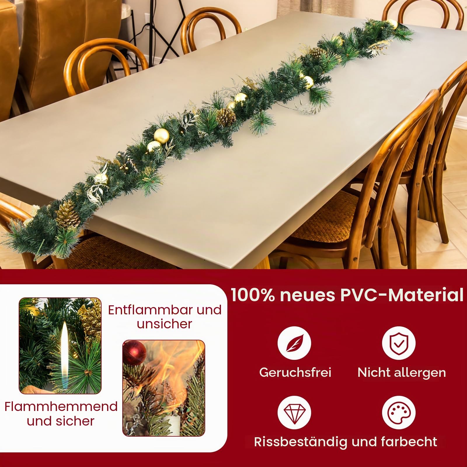 KOMFOTTEU 270 cm Weihnachtsgirlande mit 50 LEDs & Timerfunktion, künstliche Tannengirlande mit 8 goldenen Beeren und Tannenzapfen, Weihnachtsdekoration für Treppe, Kamin