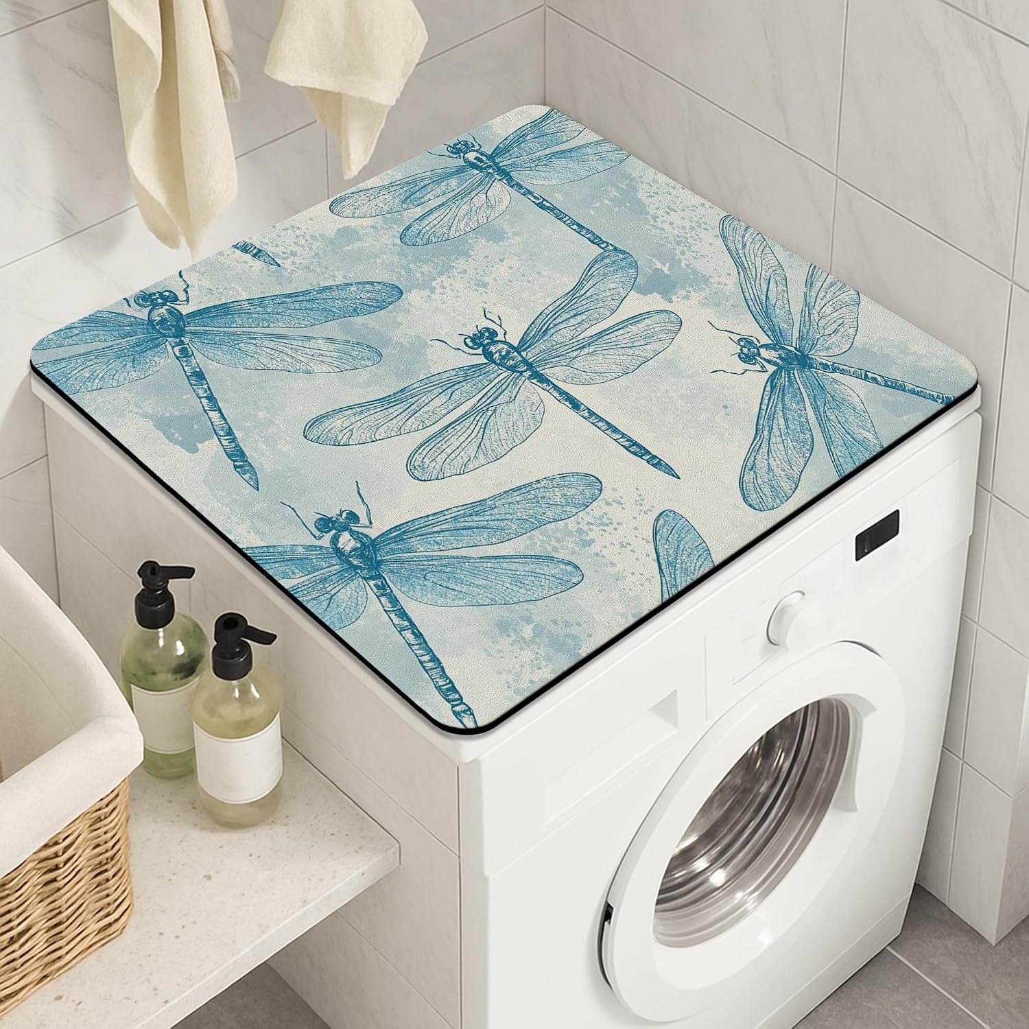 Dragonfly Washer Dryer Top Protector Mat, Blue Dragonfly Patterned Washing Machine Dust Covers, Vintage Rubber Anti-slip Waterproof Washer And Dryer Mats for Laundry Room 24x24 Inch