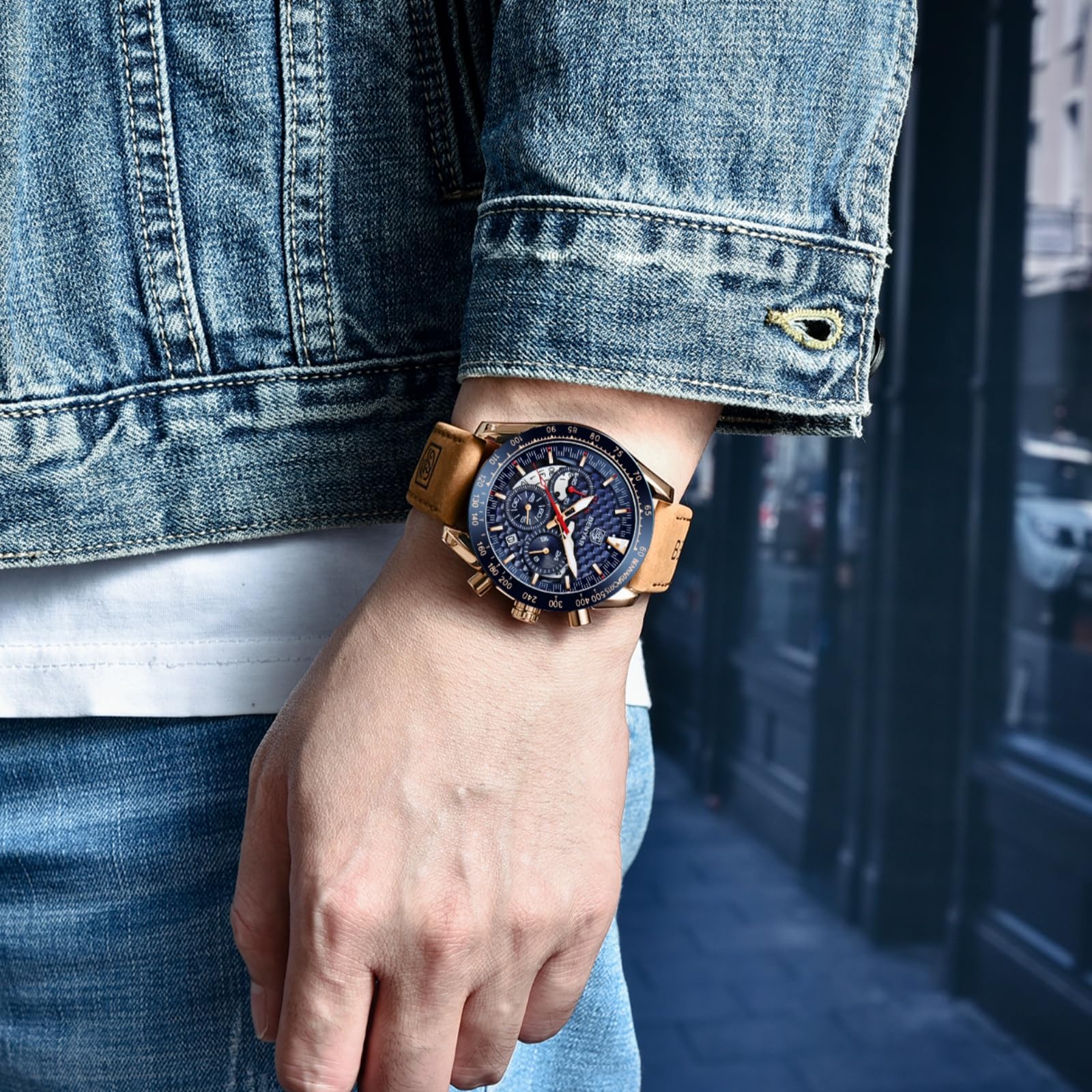 BENYAR BY Herren-Armbanduhr, wasserdicht, Chronograph, beleuchtet, klassisch, Lederarmband, großes Zifferblatt, Datum, Analog, Herren, Elegantes Geschenk