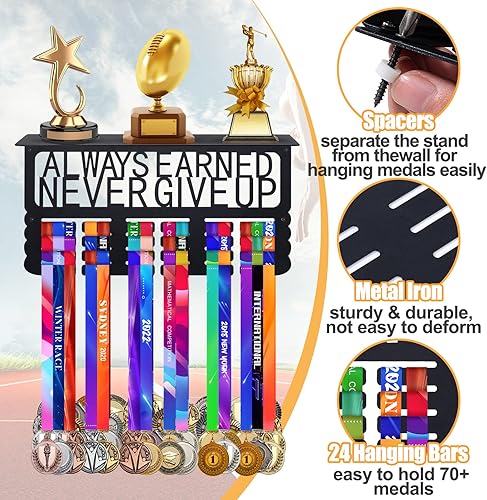 Miniatura 6 de Estante de exhibición de trofeos y medallas  Soporte para medallas de 4 filas para pared, exhibiendo más de 70 medallas marco para niños y niñas,