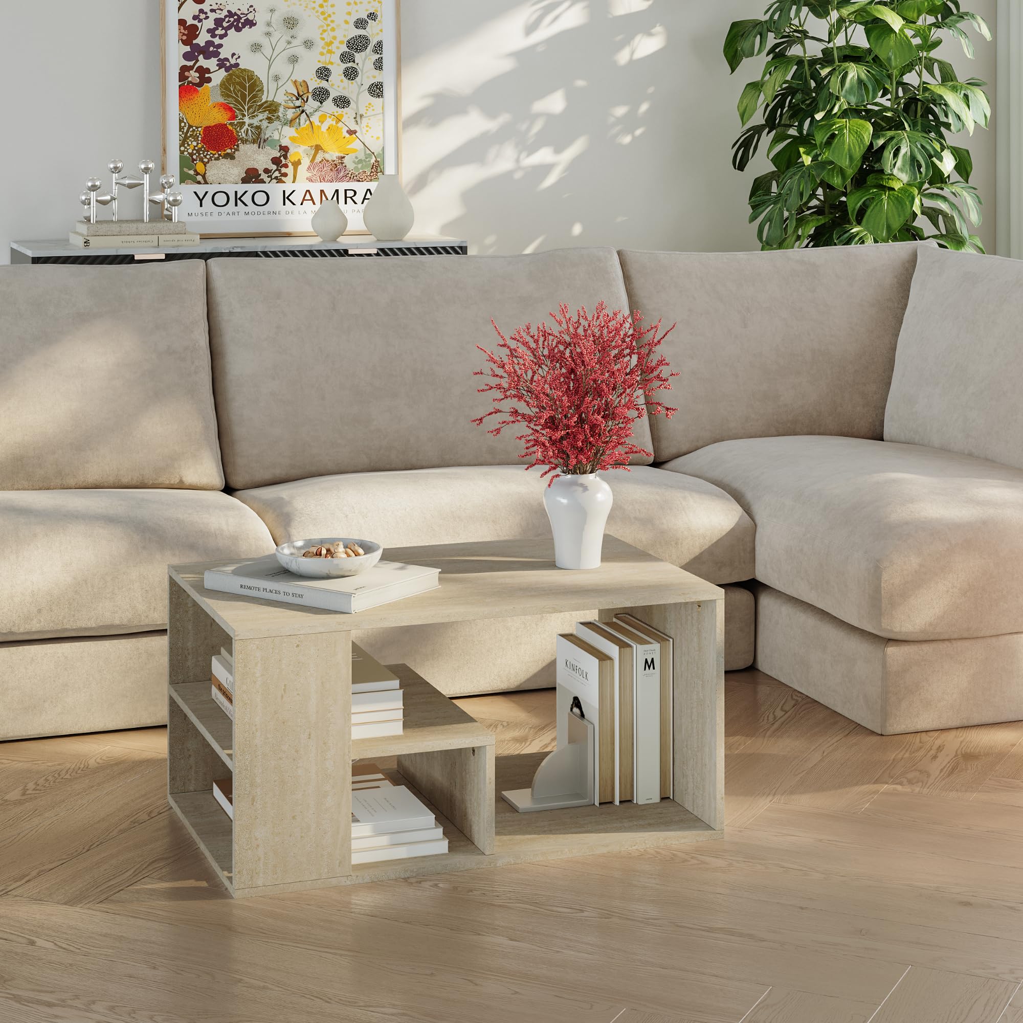[en.casa] Tavolino da Salotto Centrale con Piano Rettangolare Tavolo Basso da Caffè con Scomparti Aperti per Soggiorno Living Studio 80 x 50 x 40 cm - Color Avorio Travertino