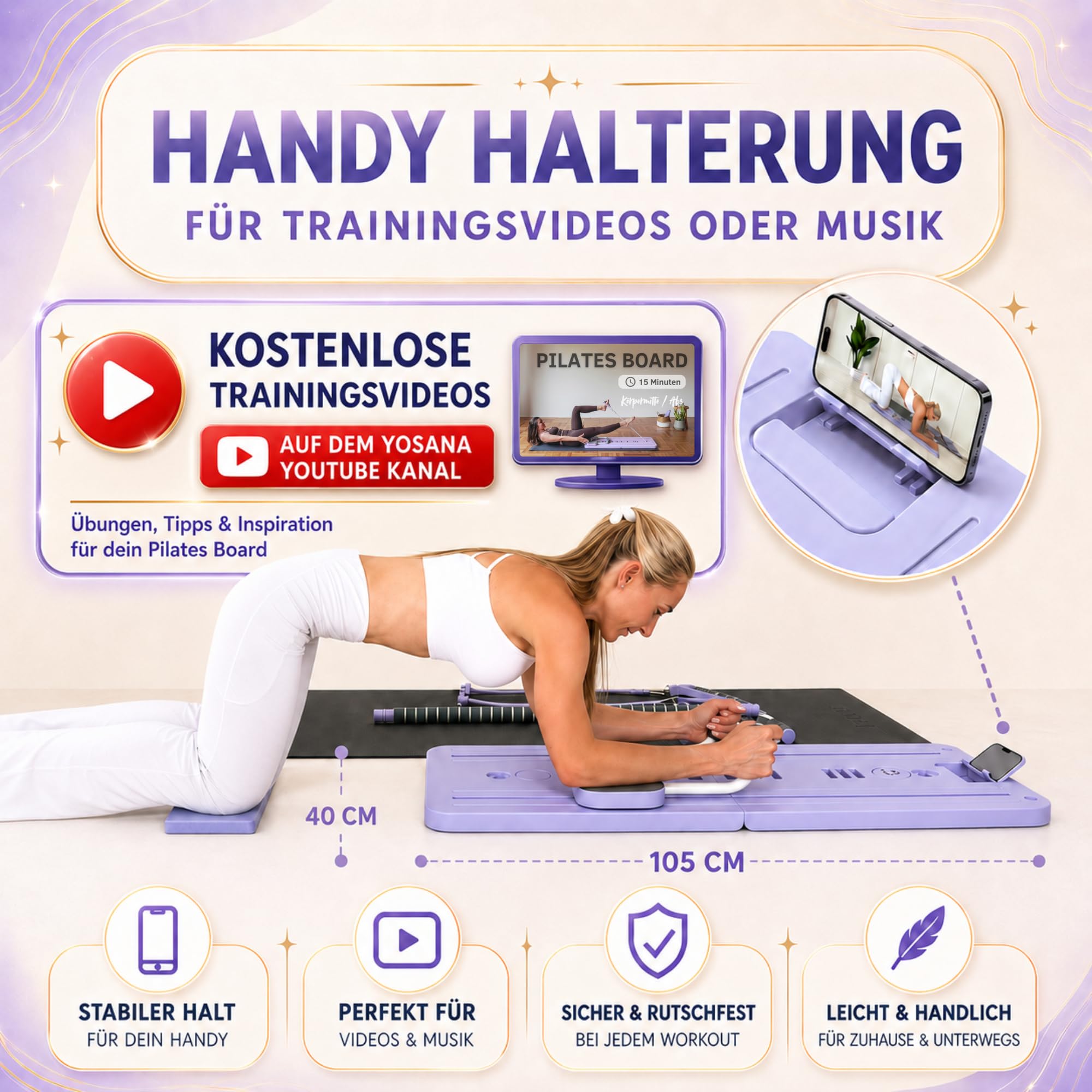Yosana Pilates Board I Reformer für Zuhause I 8-in-1 Fitness Board faltbar & tragbar I Bauchtrainer inkl. Knie Kissen, Widerstandsbändern & Pilates Bar I verbessertes Design