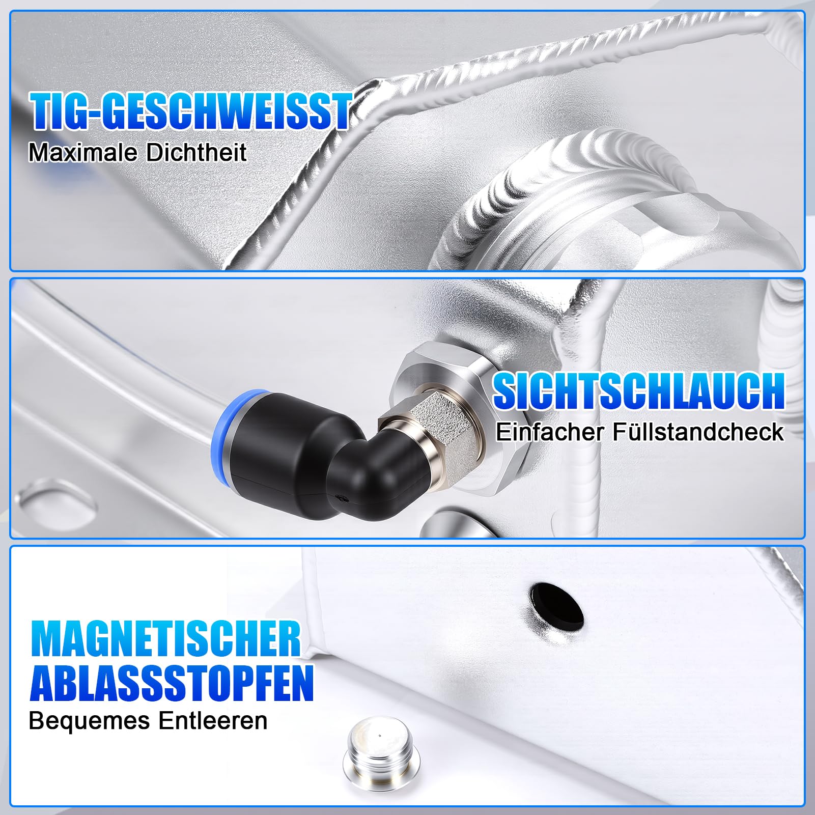 1L Aluminium Ausgleichsbehälter Kühlmittel Überlaufbehälter – Universeller Kühler-Wasserkasten, Mit Magnet-Ablassventil, Sichtschlauch & Hochtemperaturbeständiger, Ideal für Fahrzeugtuning