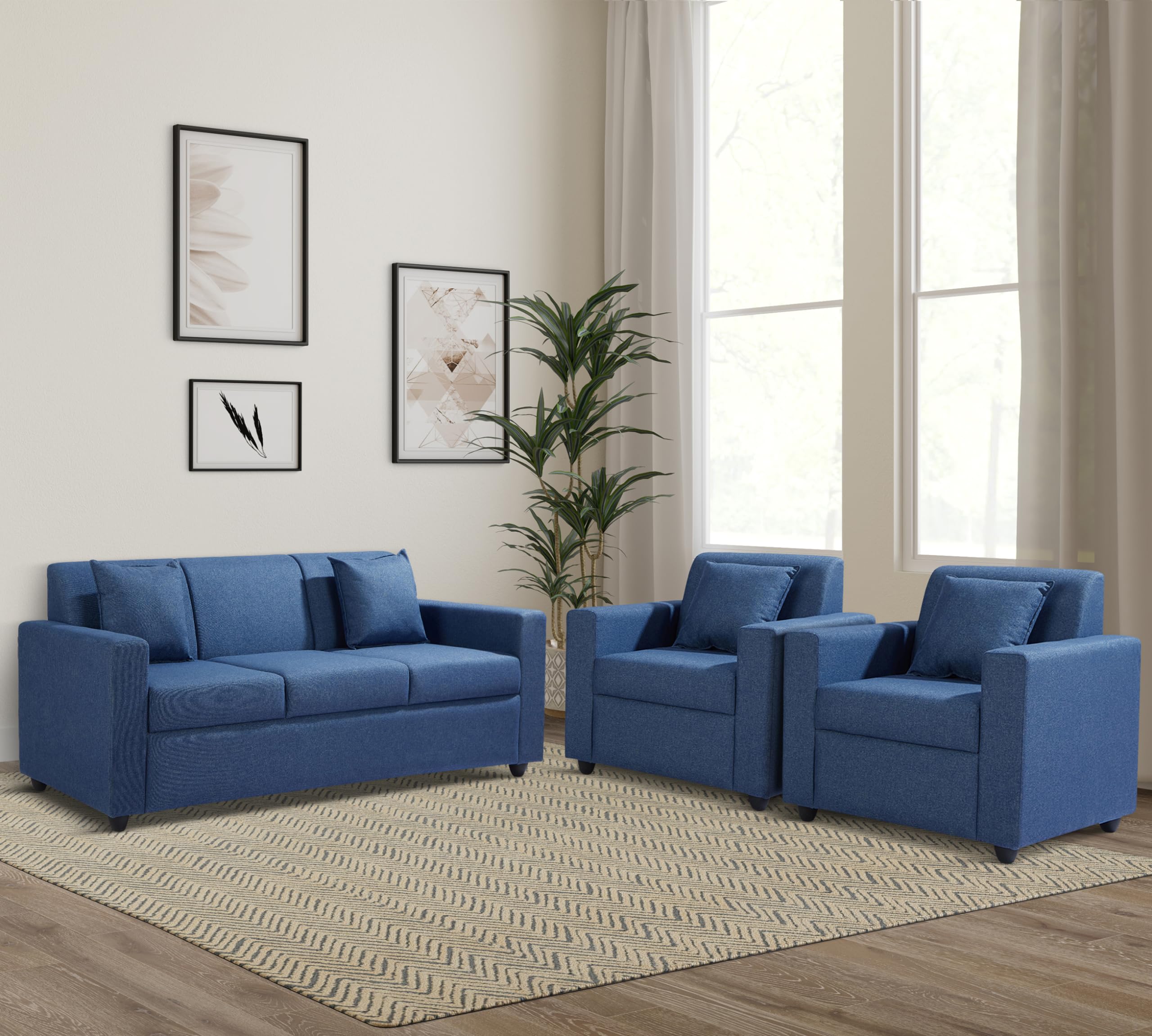 Amazon Brand - Solimo Dolny 5- to 6-Person Sofa Set 3+1+1 (Fabric, Blue)