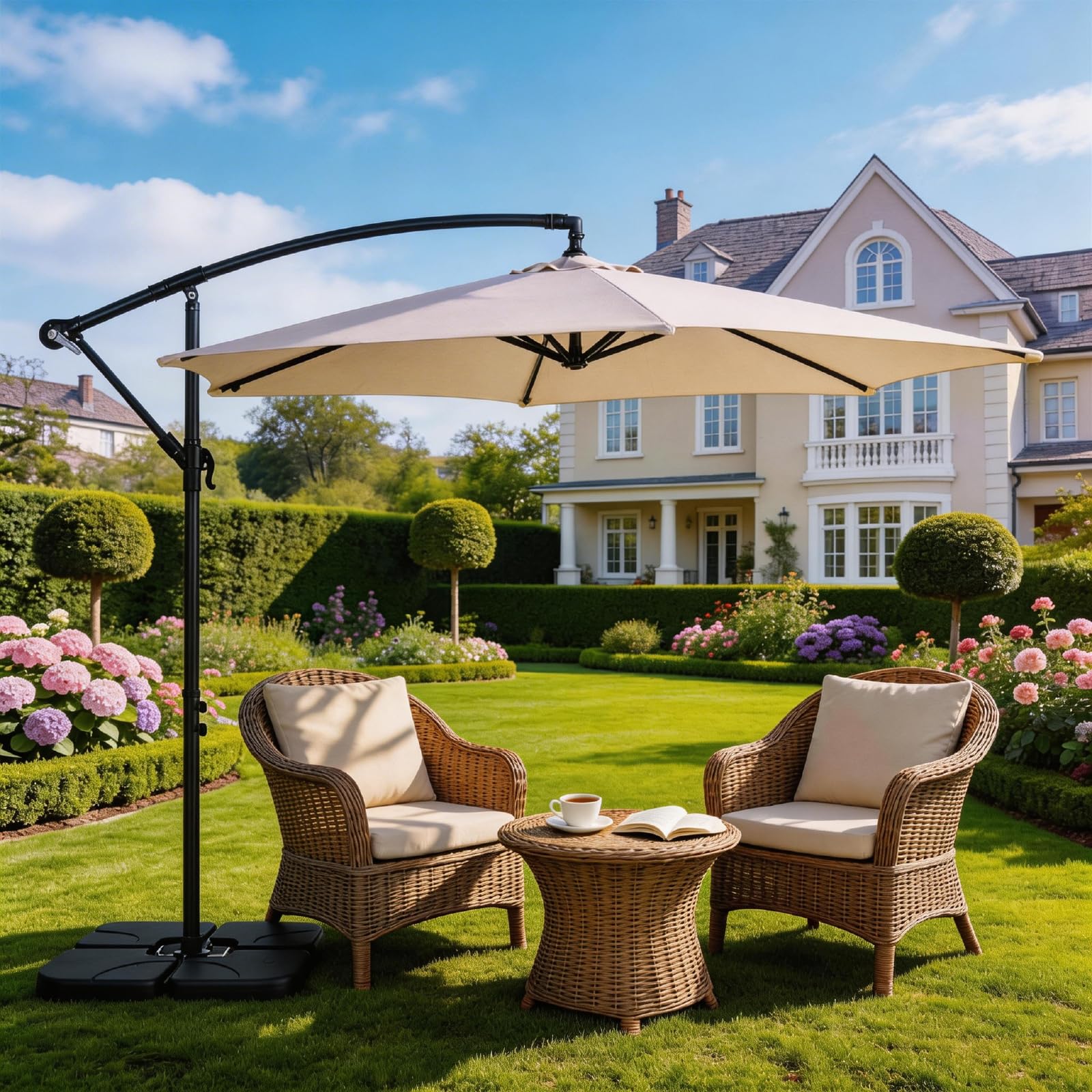 LEADZM Sombrilla de 300 cm de diámetro, sombrilla con manivela y giratoria 360° con 6 costillas, resistente al agua y protección UV, sombrilla de jardín con soporte para jardín, terraza y exterior