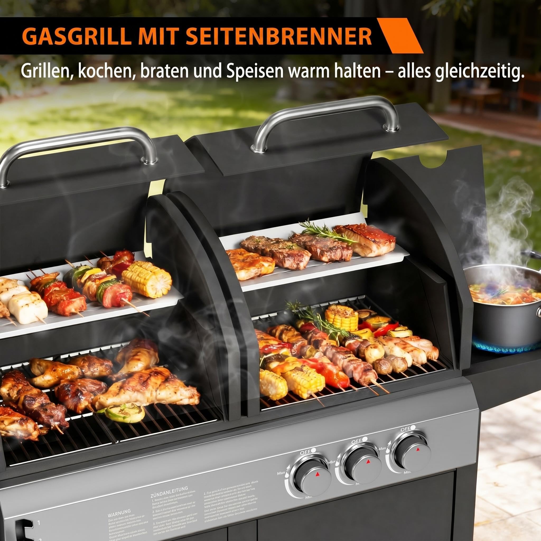 2-in-1 Gasgrill und Holzkohlegrill Kombination, 3 Brenner mit 24.000 BTU, Edelstahl-Grillwagen mit Unterschrank und Rädern, Dual Fuel BBQ-Station für Garten und Terrasse