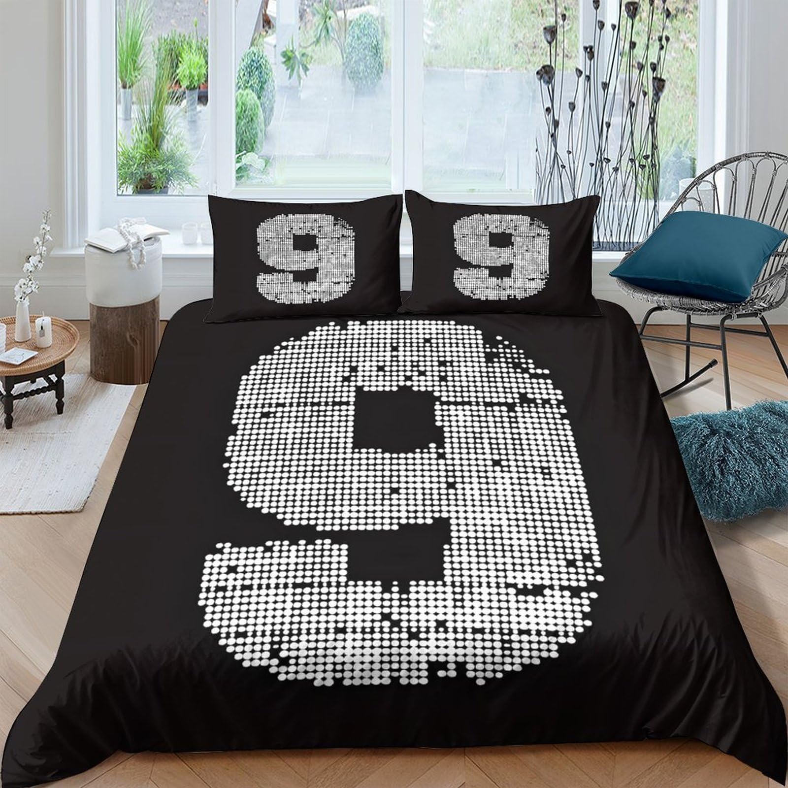 GPLZQXKJNH 3D Printed Number 9 Duvet Cover Microfiber Soft Black White Bedding Set with 2 Pillowcases for Bedroom Decor Single（135x200cm）