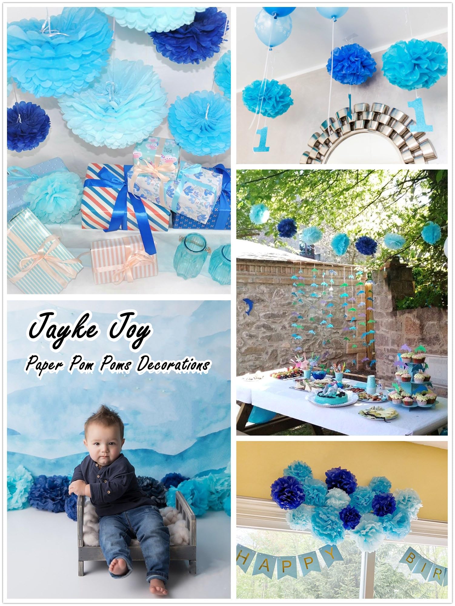 Himeland Pompoms Zijden Papier, 17 Stuks, Kleurrijke Zijden Papieren Pompons Voor Bruiloft Decoratie, Verjaardag Versieren, Feest Feest Decoratie - Blauw