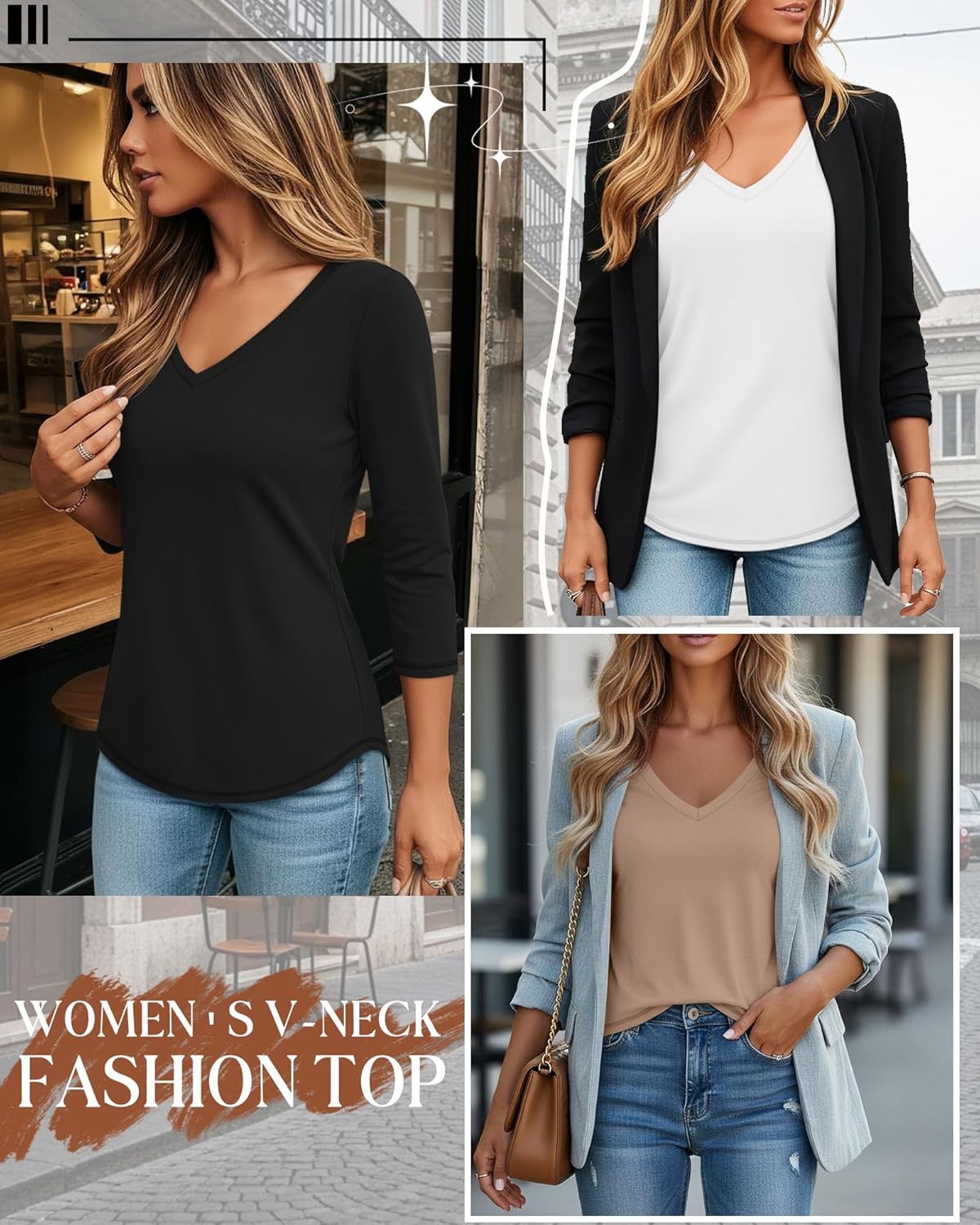 Ficerd 3 Pack Women's 3/4 Length Sleeve T Shirts, V Neck Tops Loose Fit Blouses Casual Tees 2026 Fashion Clothes - Image 2