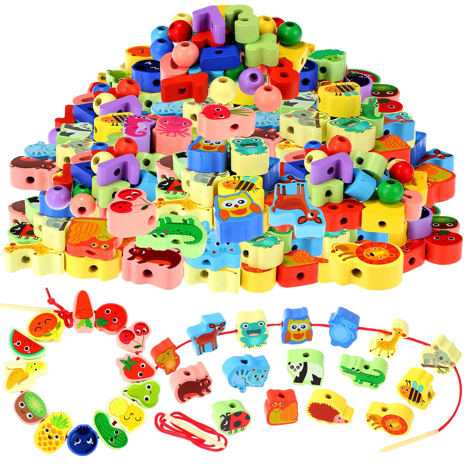 Shappy 93 Pcs Montessori Wooden Educational Threading Toys Farm Animals Fruits Wooden Lacing Beads Toys Preschool Stringing Beads for Toddler 3 4 5 Year Old Kids Boys Girls Gifts