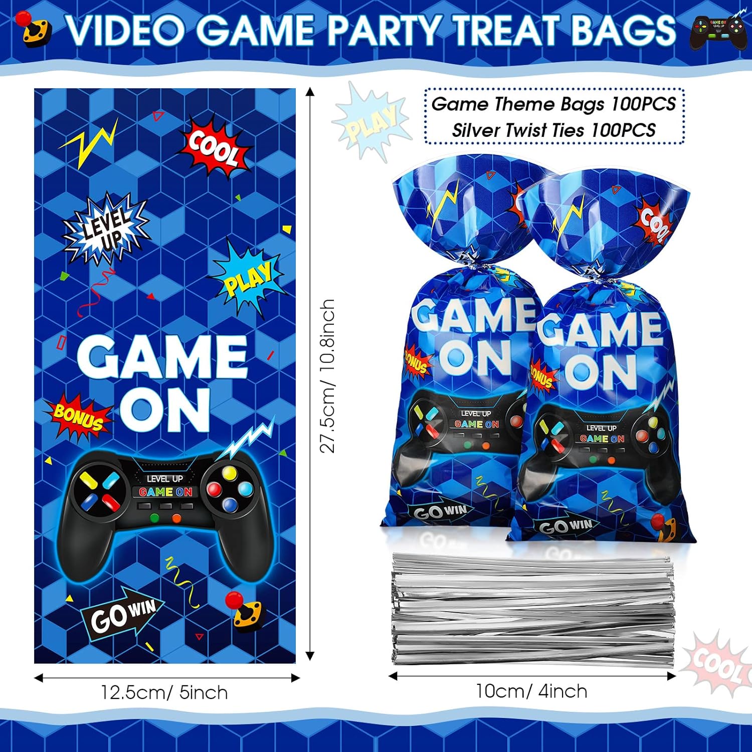 Pajean 100pcs Video Game Plastic Loot Bags Game on Favor Goody Candy Treat Bags for Themed Birthday Party(Blue) - Image 2