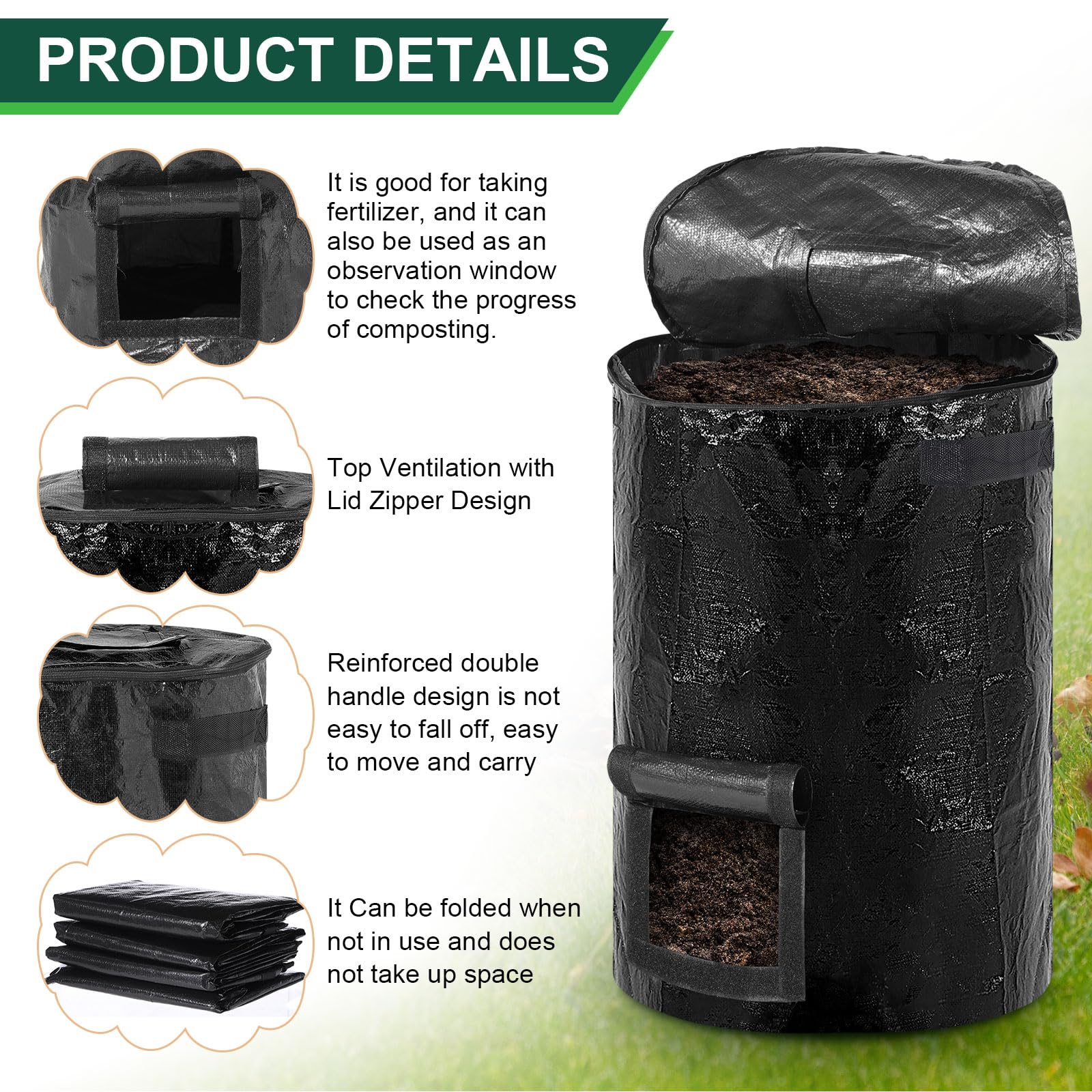 Berlune 4 sacchetti riutilizzabili per rifiuti da giardino, con coperchio e manici, per raccogliere foglie e rami della spazzatura, adatti per cortile, giardino, cantiere (nero, 180 litri)