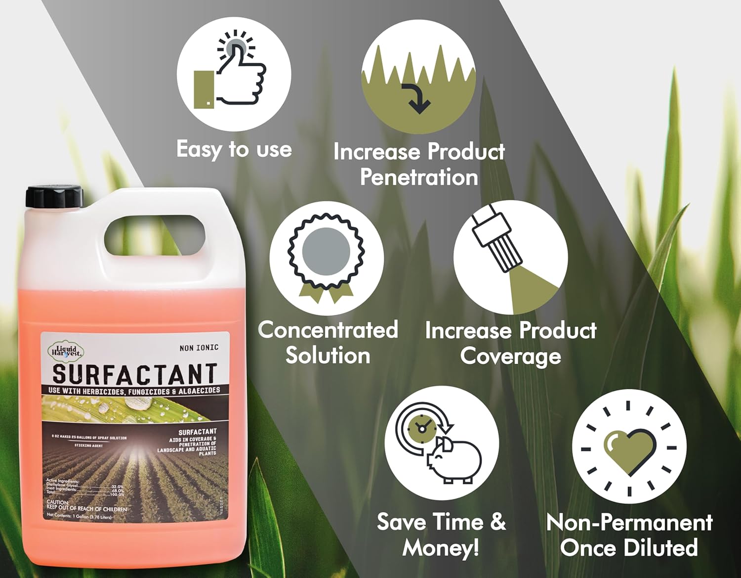 Liquid Harvest Concentrated Surfactant for Herbicides Non-Ionic Gallon (128oz), Increase Product Coverage, Increase Product Penetration, Increase Product Effectiveness