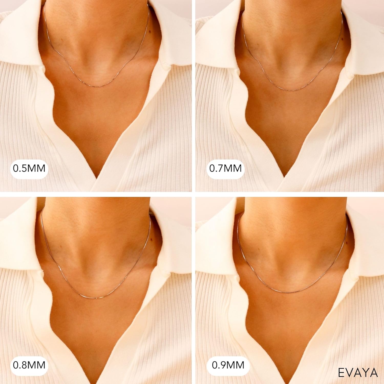 EVAYA 14k Yellow, Rose, White Gold Box Chain Necklace for Women & Men (0.7mm-2mm Width, 14-24" Length) - Cadenas de Oro Puro de 14K