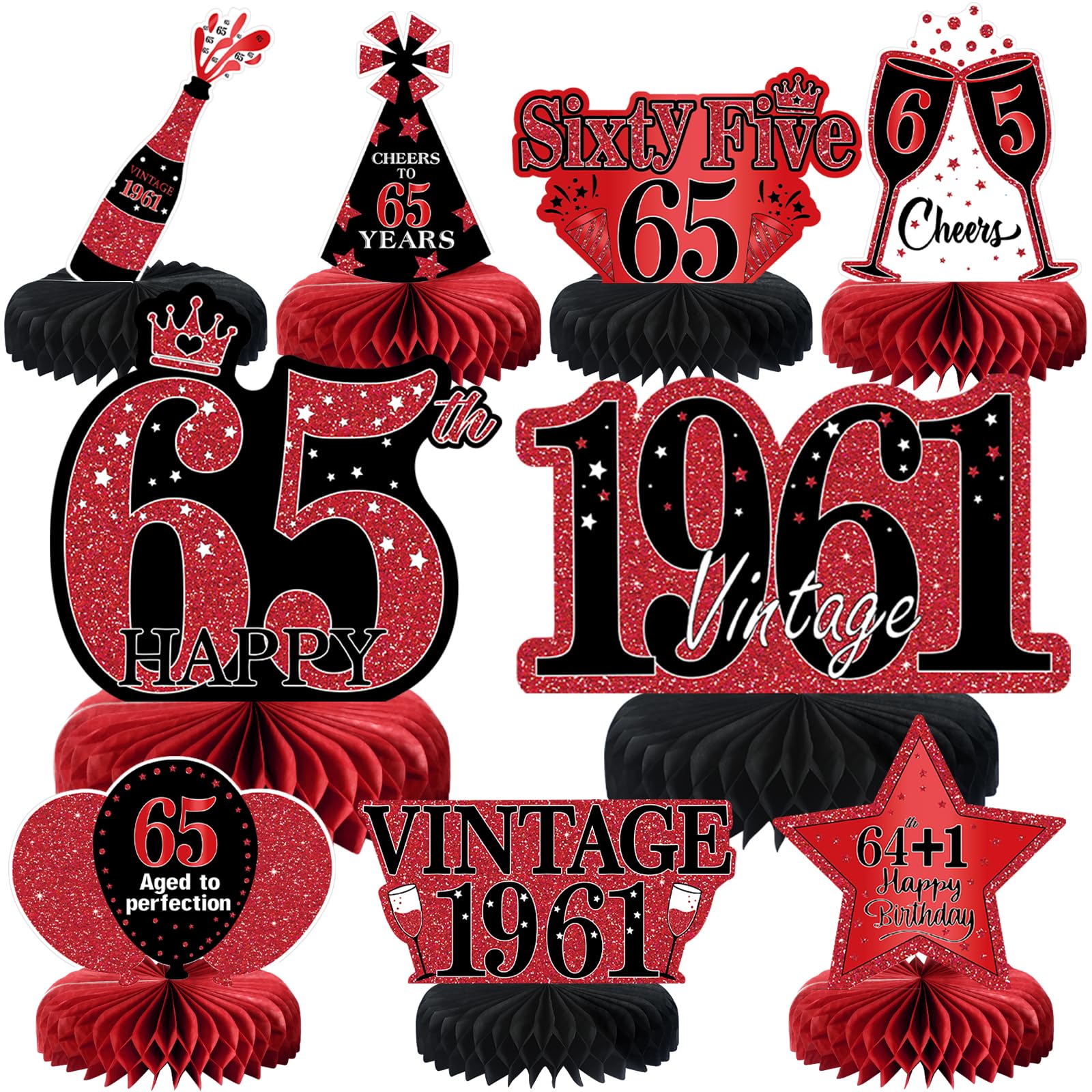 9Pcs 65th Birthday Decorations Red and Black 65th Birthday Party Decorations for Women,Happy 65 Years Vintage 1961 Aged Honeycomb Centerpieces Table Sign Decor Supplies