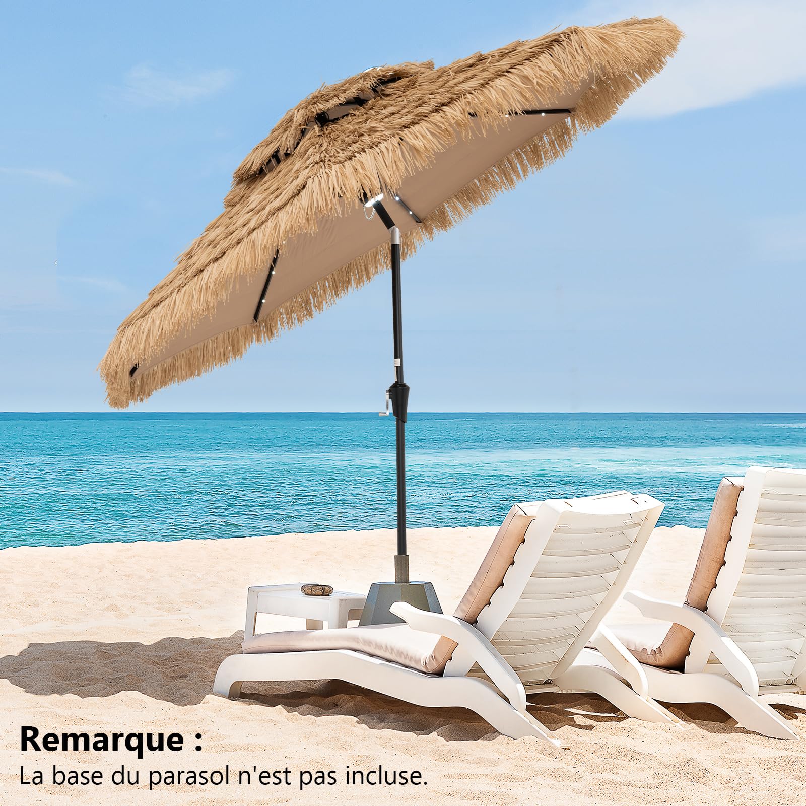 COSTWAY Parasol de Jardin Exterieur Ø 290 cm, Parasol Plage Hawaïen en 9 Couches Paille, 35° Inclinaison et Manivelle, 32 Lumières LED Solaire, 8 Baleines, pour Jardin Plage Piscine