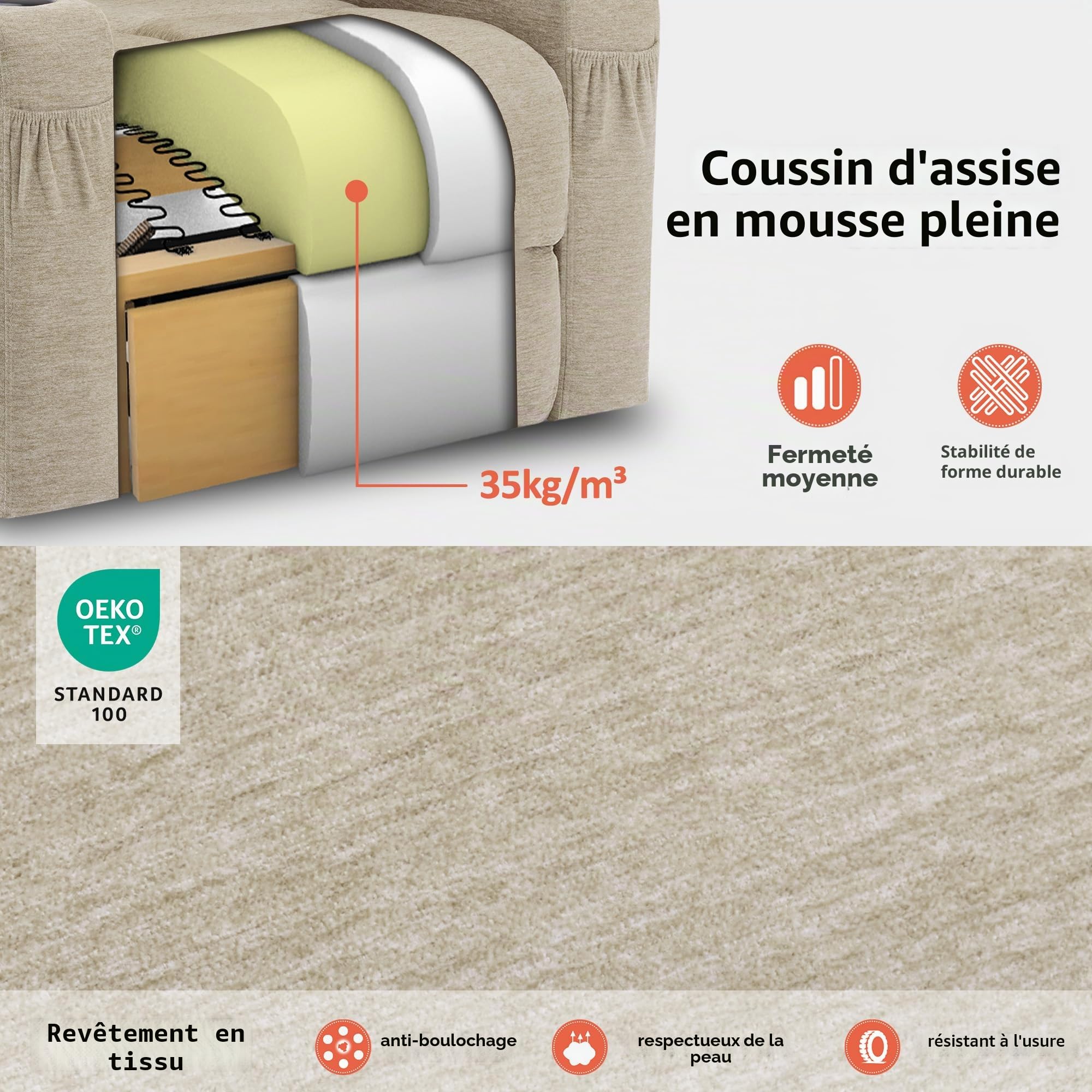 M MCombo Fauteuilavec Aide à se Lever électrique, Fauteuil Relax avec Fonction inclinable, Fauteuil de Massage avec Fonction de Chaleur, pour Le Salon des Seniors, 7102 (Tissu, Beige)