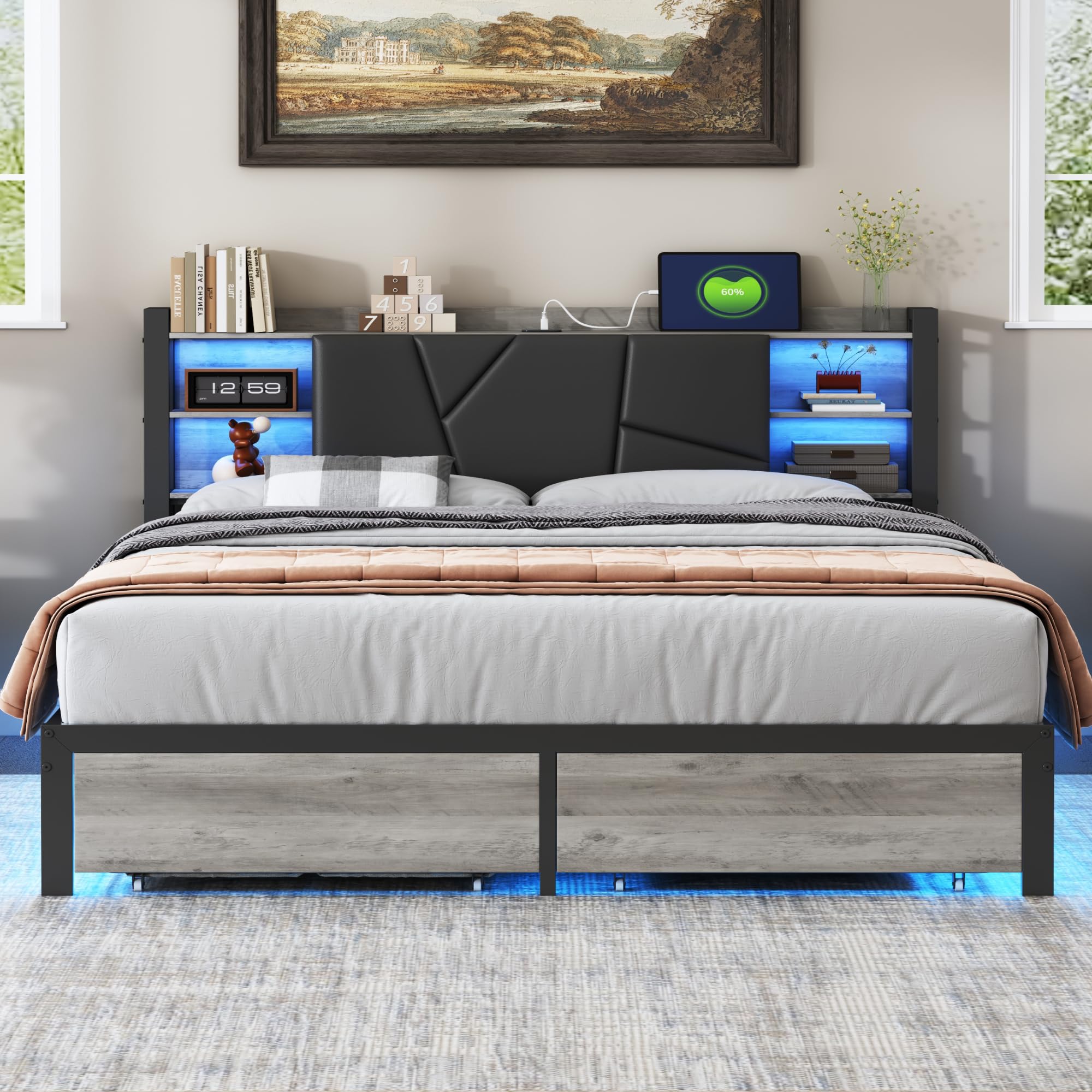KeepGoon Lit en Bois de Fer 160 x 200 cm, Table de Chevet avec Barre Lumineuse et Port USB, Double tiroirs au Bout du lit, Lit Double Dossier rembourré, tête de lit avec Compartiment de Rangement, PU
